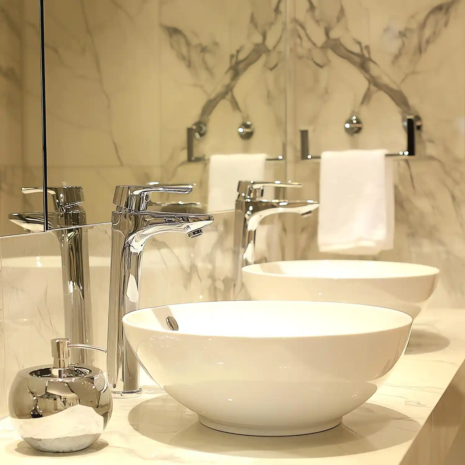Single warm brass finish repeated on tap, towel bar, and hooks in a warm neutral bathroom