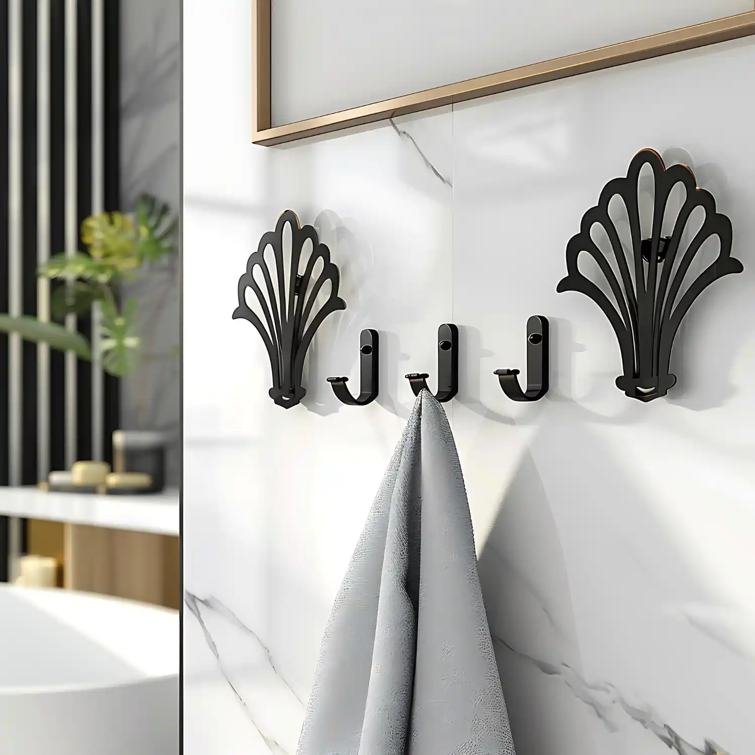 Warm unlacquered brass towel bar and ring replacing shiny chrome in a bright bathroom