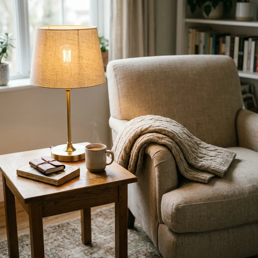 Table lamp with a warm glowing bulb beside a linen chair and folded oatmeal wool throw