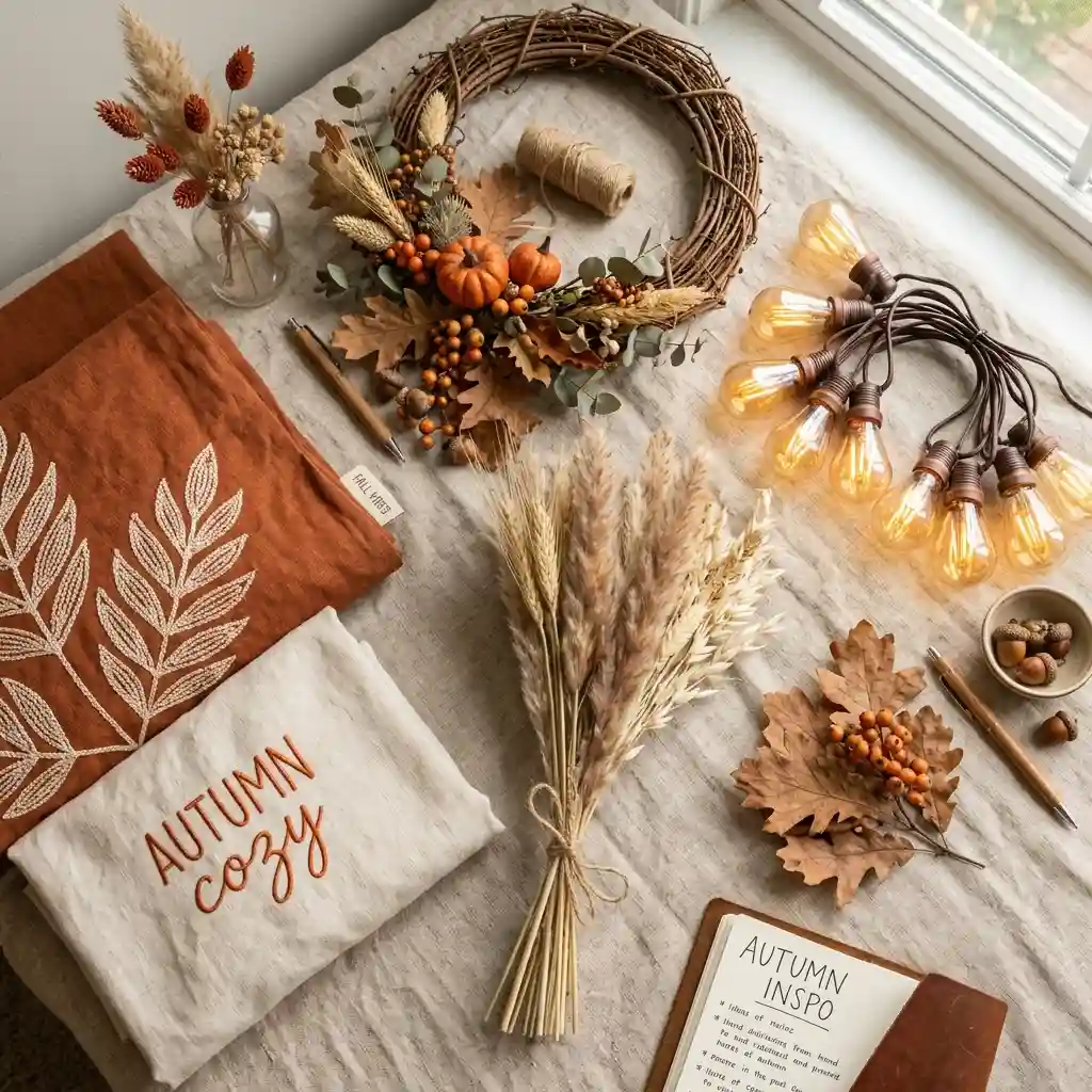 Neutral living room styled for autumn with clay pillows, knit blanket and a low wood coffee table
