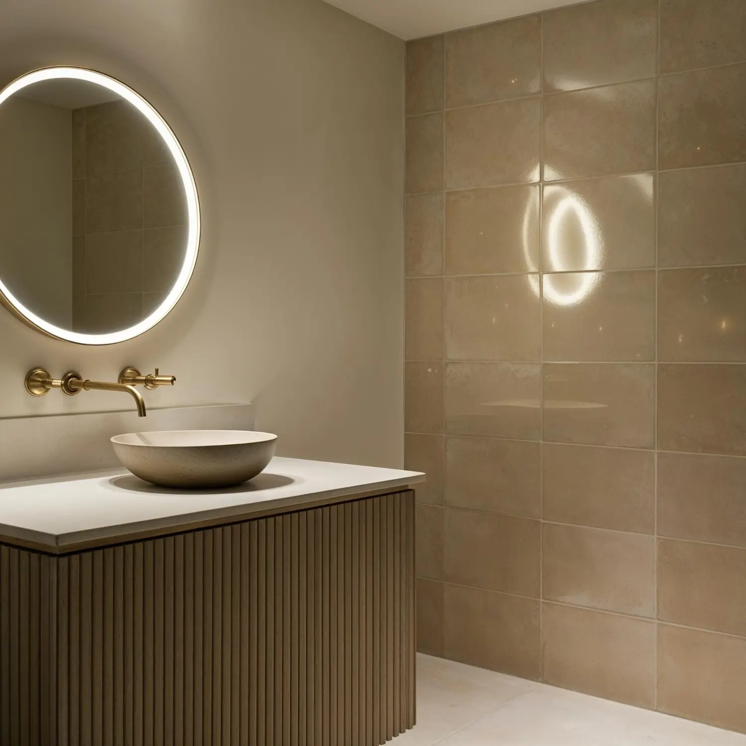 Bathroom vanity wall painted in warm greige with matte black hardware