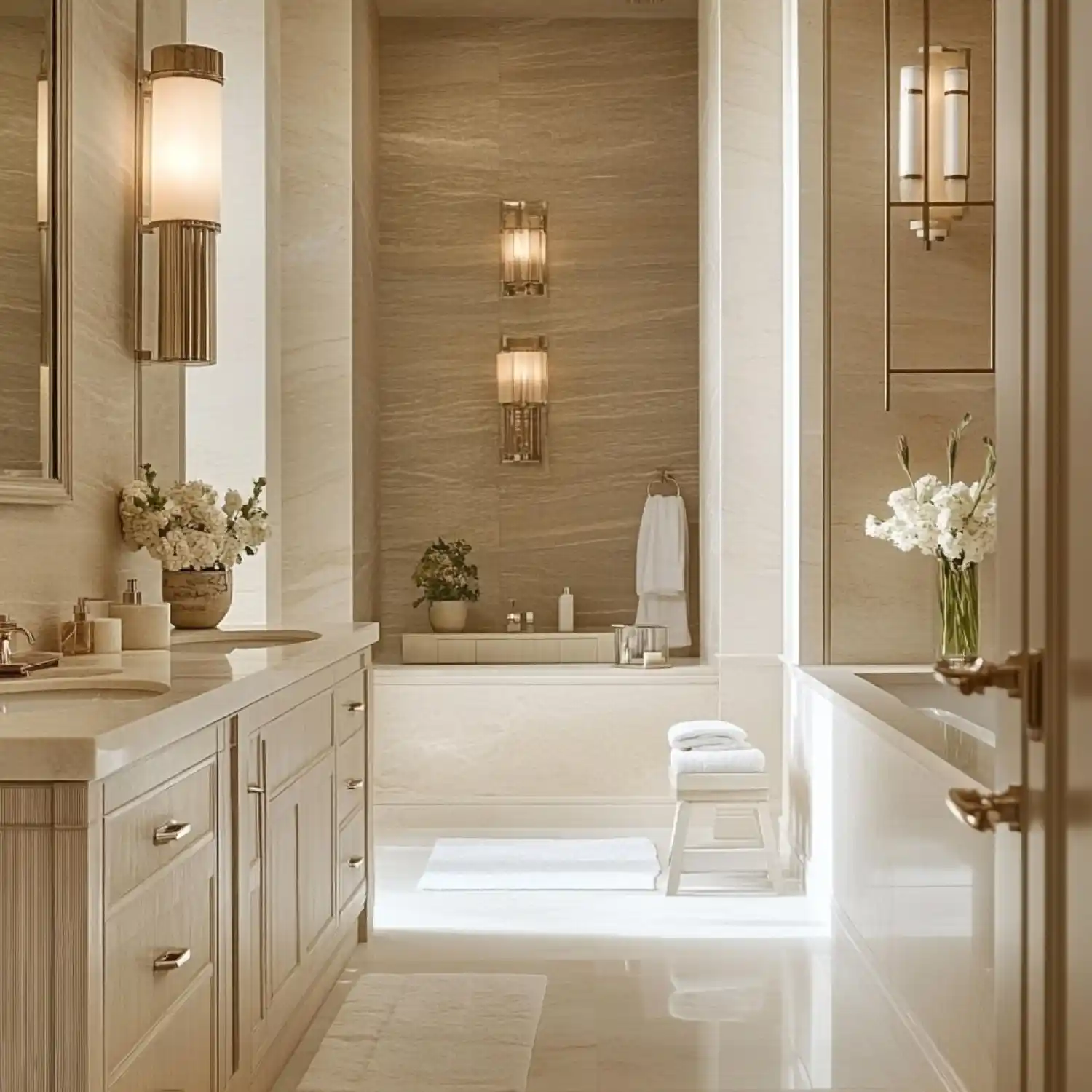 Soft greige bathroom walls with white trim and warm natural light