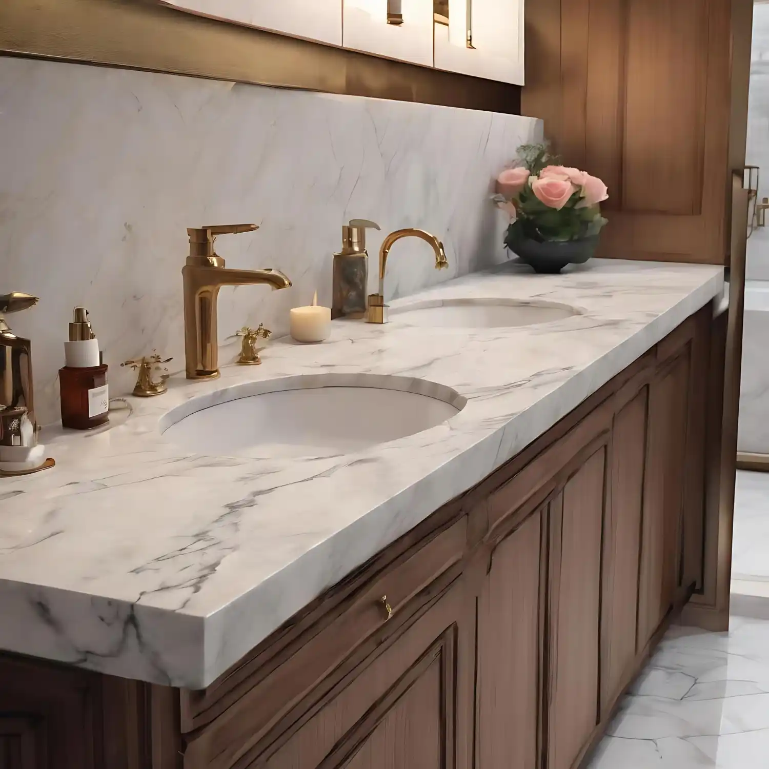 Creamy honed quartzite bathroom vanity with soft taupe veining replacing cold glossy granite