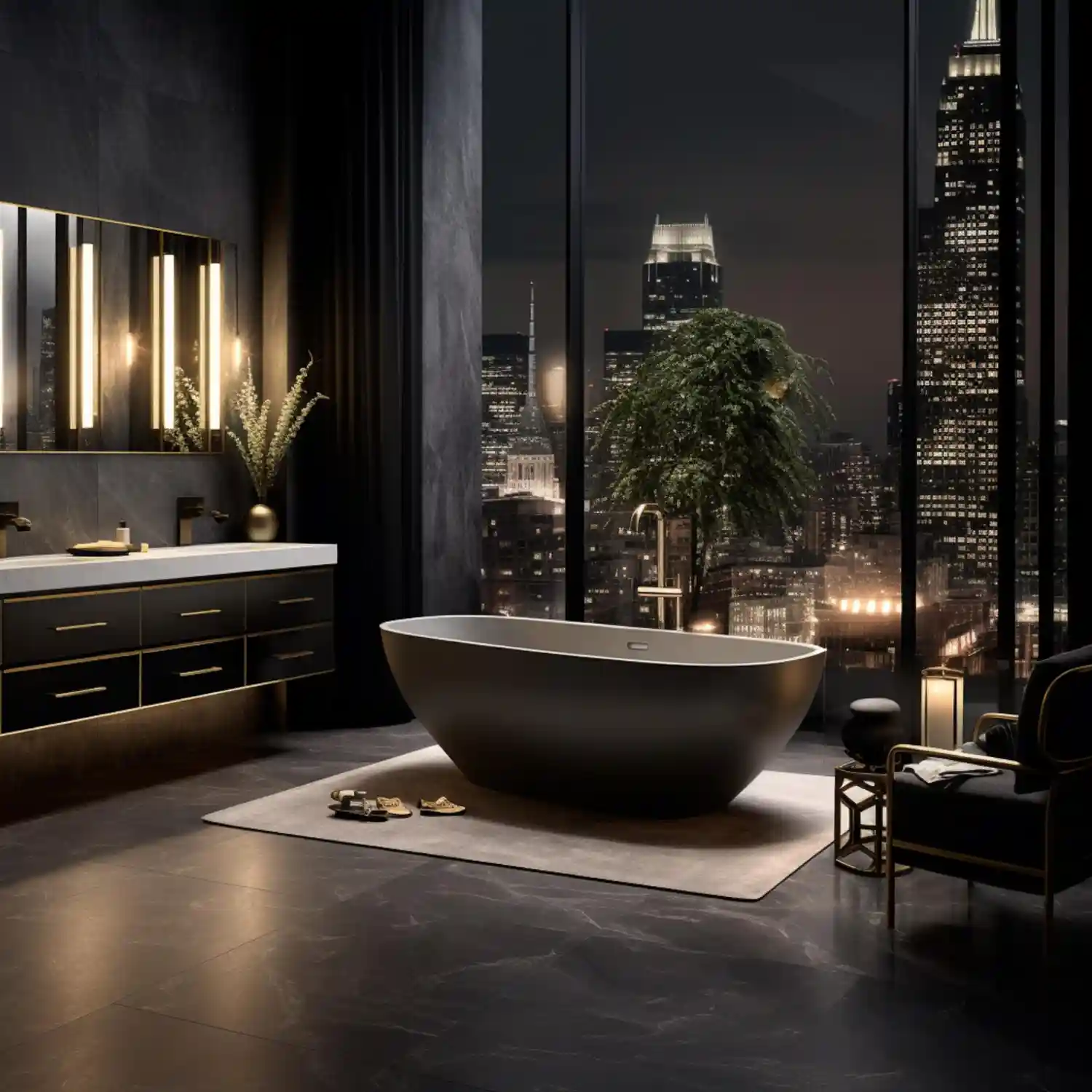 Warm industrial bathroom trend with terracotta plaster wall, black steel mirror frame, and brass sconce