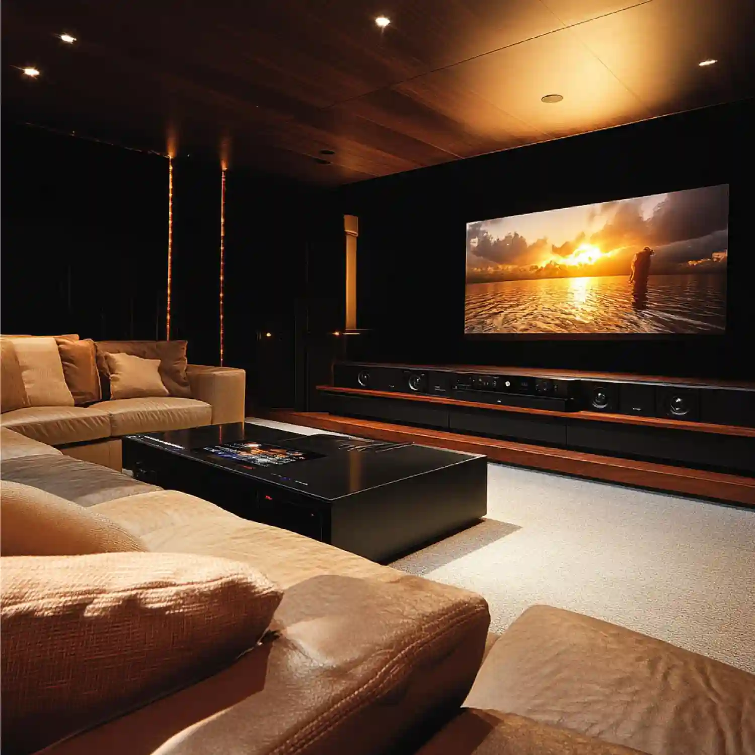 Dark media room lit by a shaded floor lamp and table lamp using warm LED bulbs without television glare