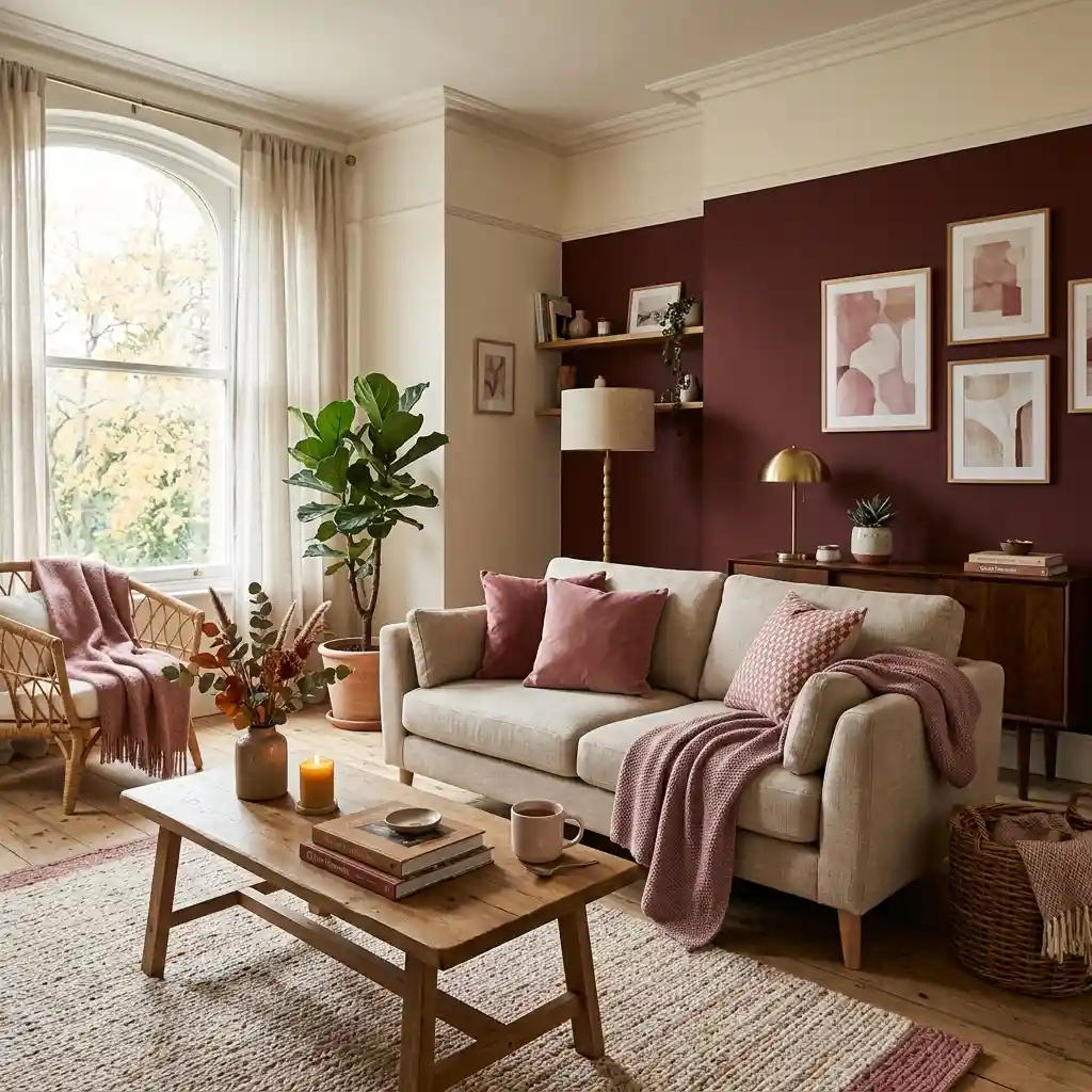 Modern autumn room with a deep mahogany-red wall, rose textiles, and a pale cream base