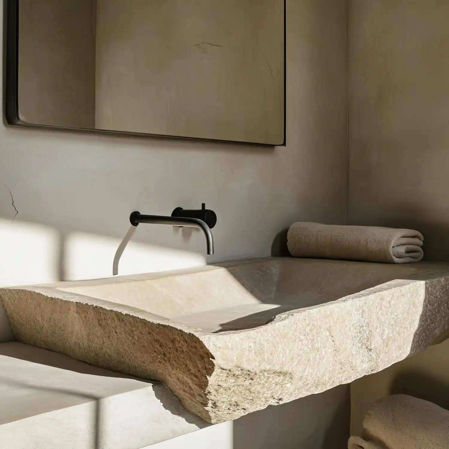 Flat lay of warm neutral bathroom elements: greige swatch, brass pull, oatmeal towel, travertine tile, and rattan