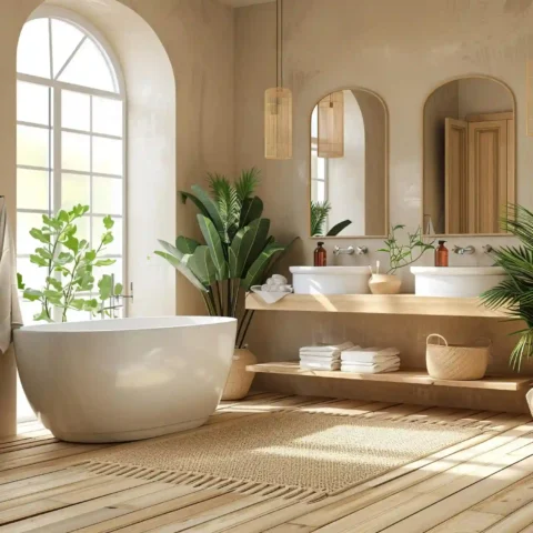 Warm beige bathroom vignette with wood stool, cream towels, jute mat, and aged brass hardware in soft light