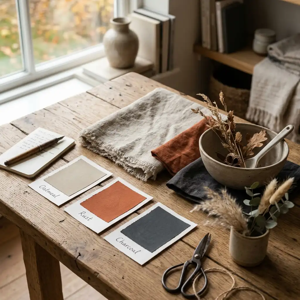 Autumn palette swatches in oatmeal, rust and charcoal beside linen fabric, raw oak and unglazed ceramic