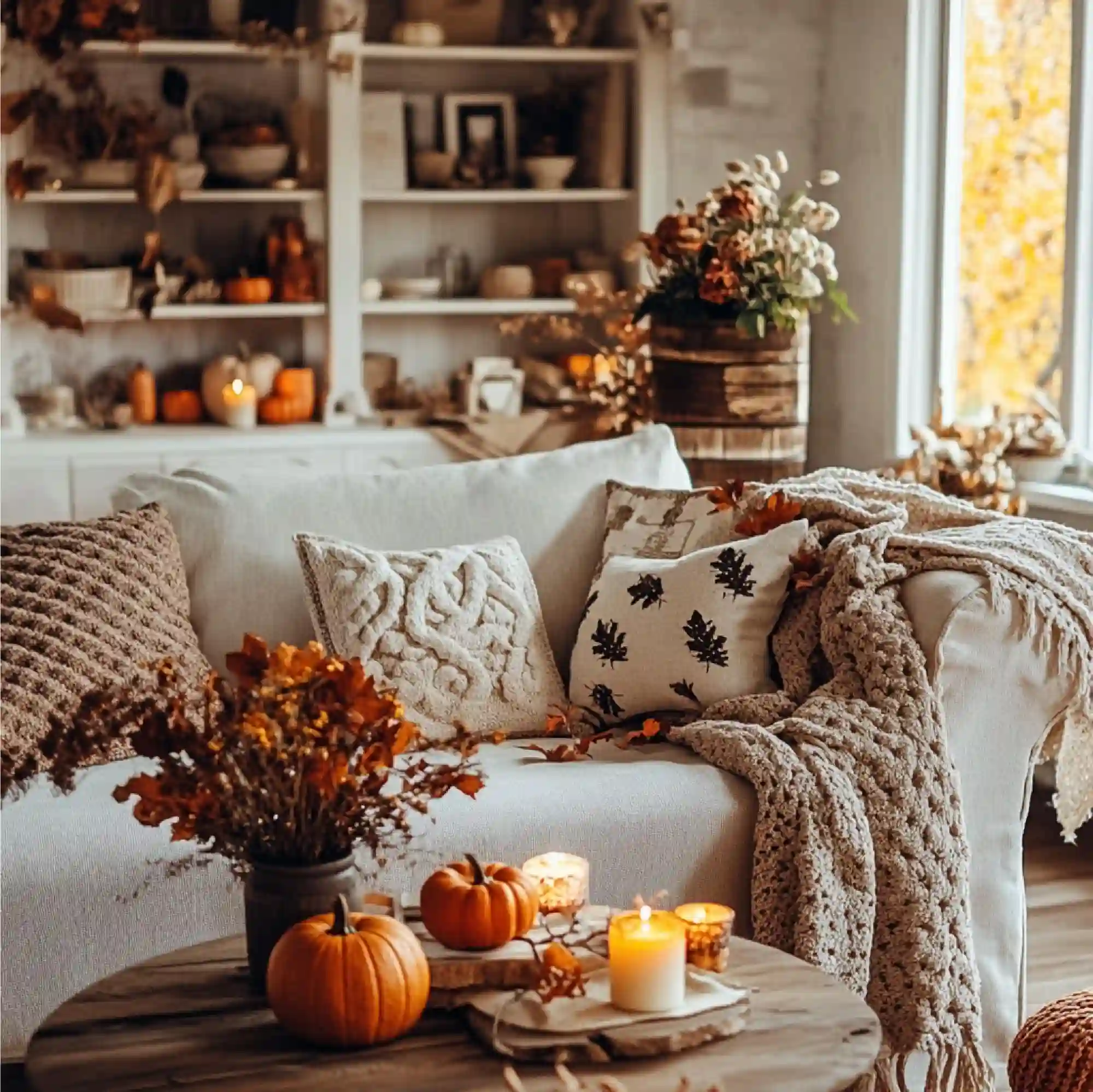 Modern autumn styling with cream linen, walnut wood and a single burgundy accent replacing orange harvest decor