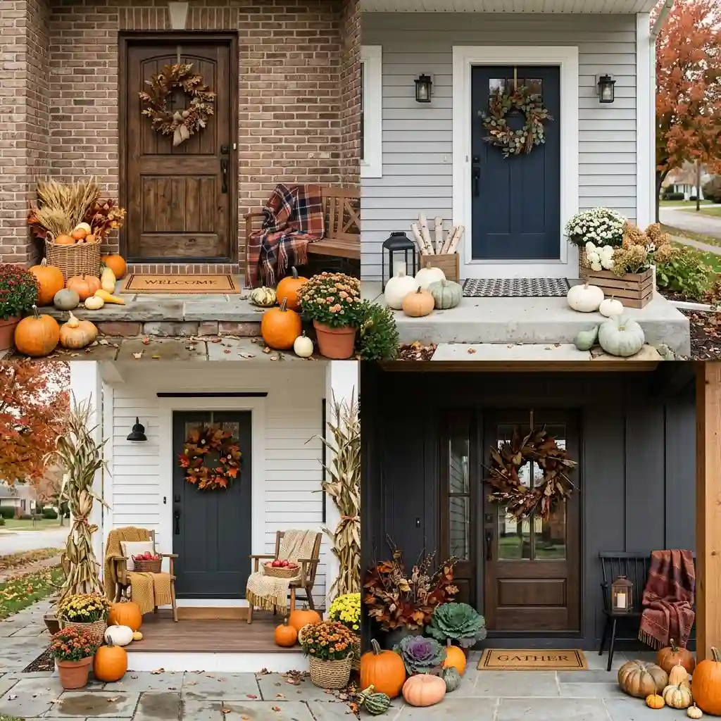 Warm autumn palette of khaki, burnt umber, ochre and cream shown against dried stems and terracotta