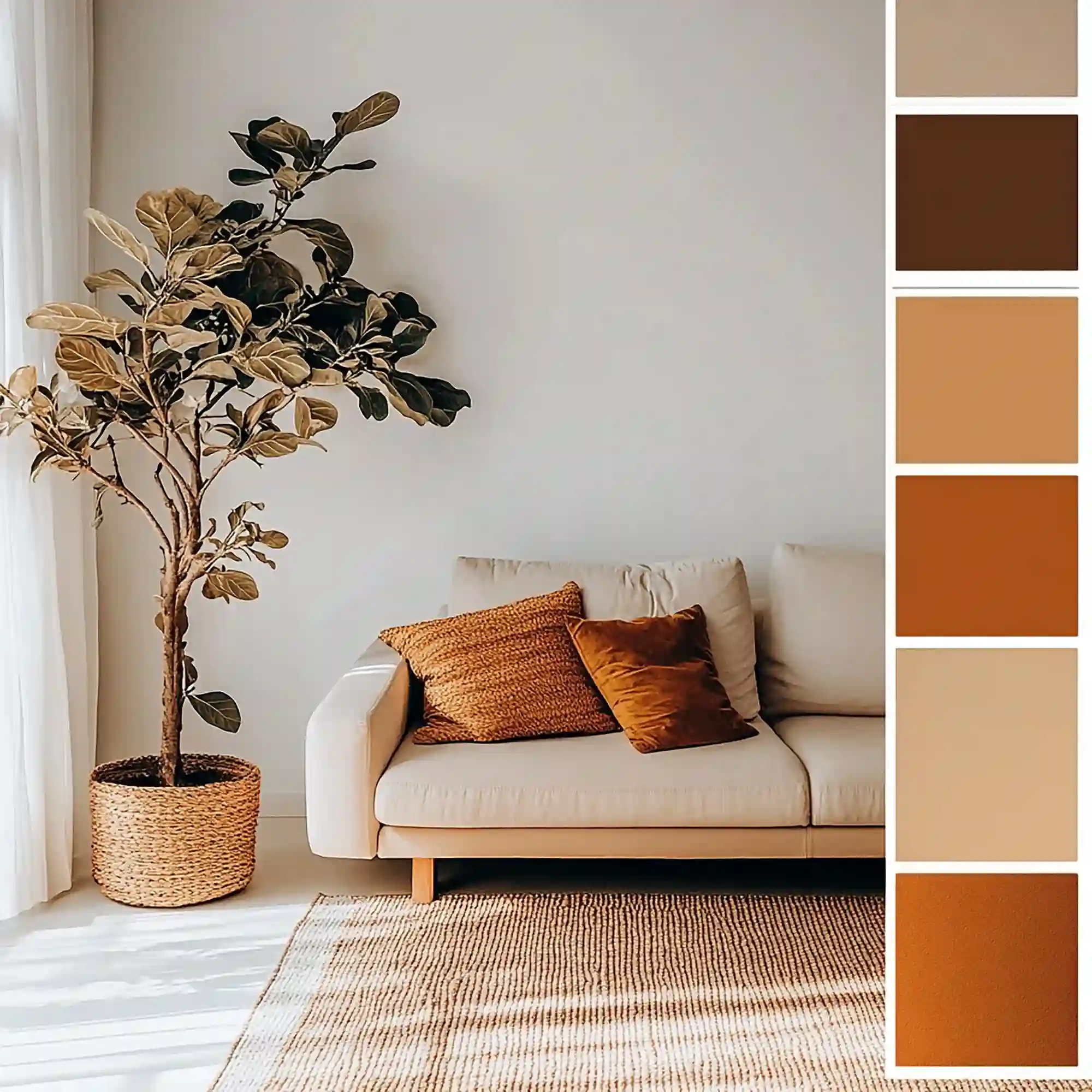 Warm neutral autumn porch in burnt umber, cream, and olive with dried wheat bundles and a near-black front door