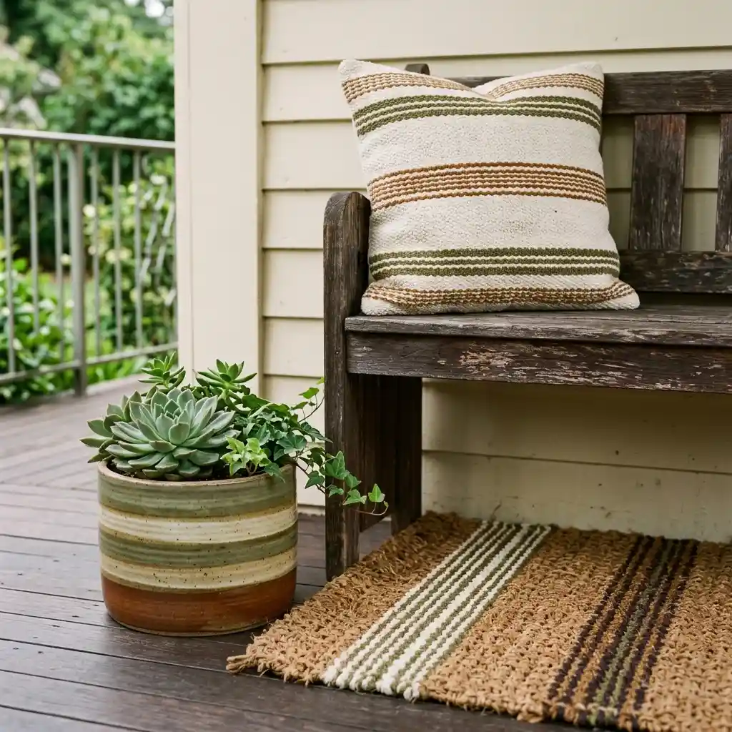 Warm neutral porch with two seagrass planters, dried grasses, cream pumpkins and an aged brass lantern