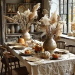 Rustic dining table set for fall with two tall pampas and dried grass arrangements, orange and white pumpkins and a crumpled linen cloth