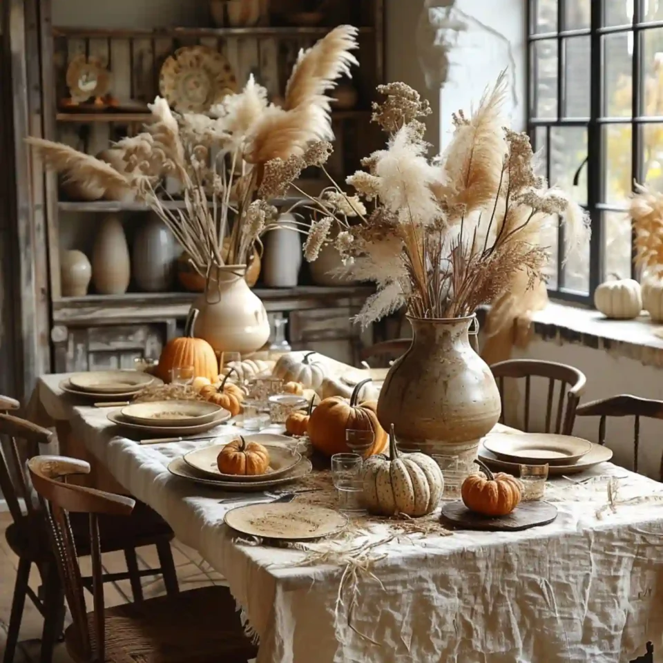 Rustic dining table set for fall with two tall pampas and dried grass arrangements, orange and white pumpkins and a crumpled linen cloth