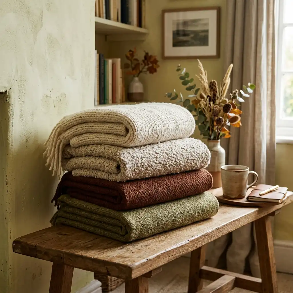 Stacked autumn textiles in cream, oatmeal, burnt umber, and olive with boucle and undyed wool textures
