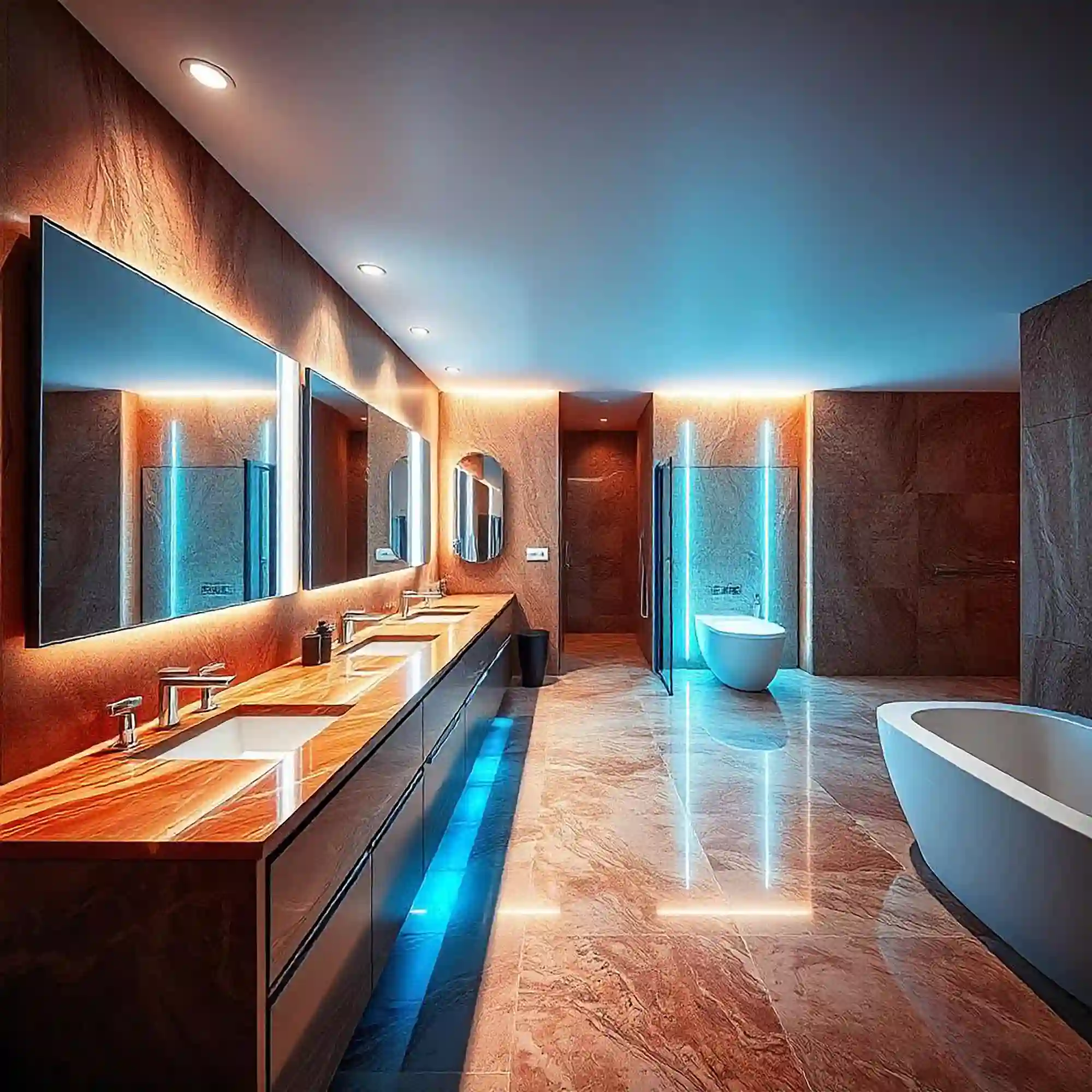 Warm brass wall sconce beside a bathroom mirror casting soft 2700K light over the vanity