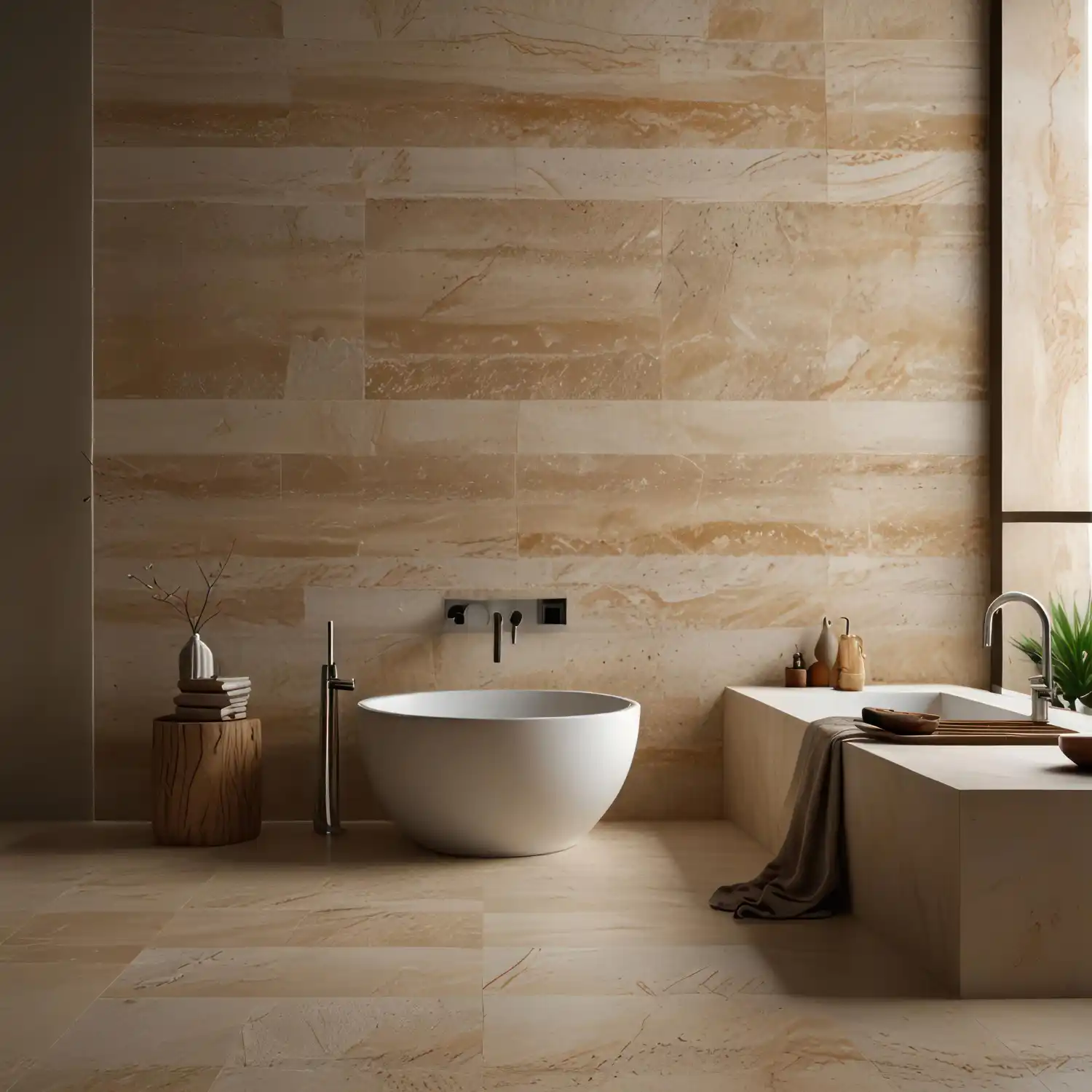 Warm and tactile bathroom floor with earthy porcelain tile, oak vanity, and soft natural light