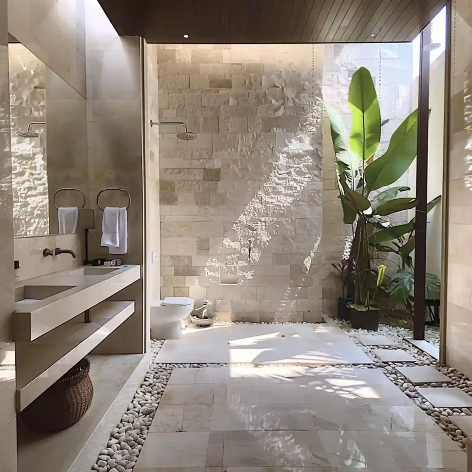 Warm bathroom with hand-glazed clay wall tile, wood vanity, brass tap, and soft natural light