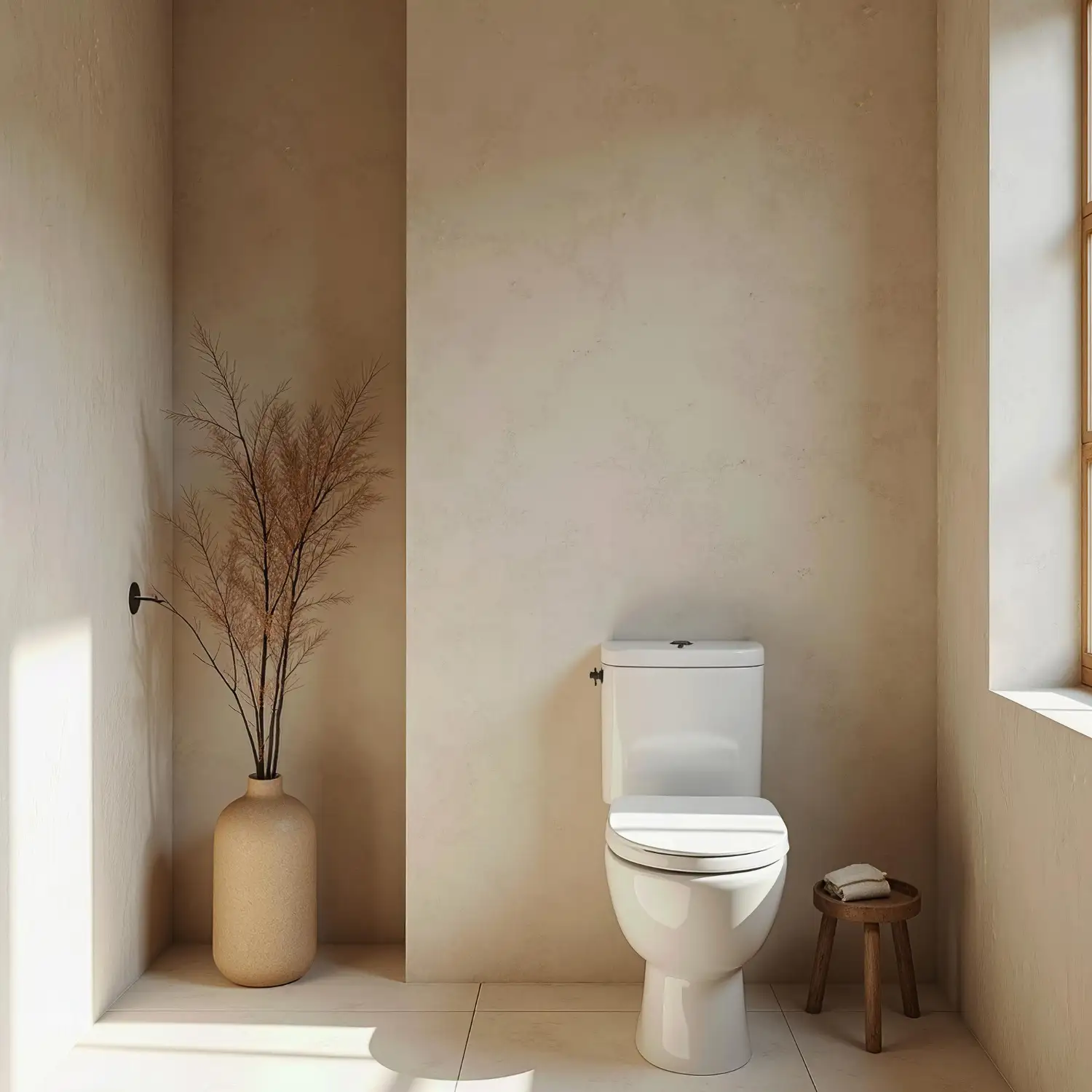 Small bathroom painted in warm white with white oak vanity and brass hardware