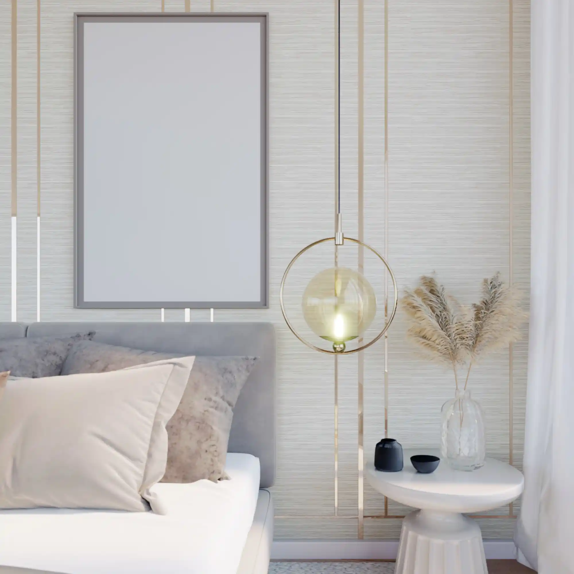 Soft white painted bedroom wall with black-framed art and a warm cream linen duvet