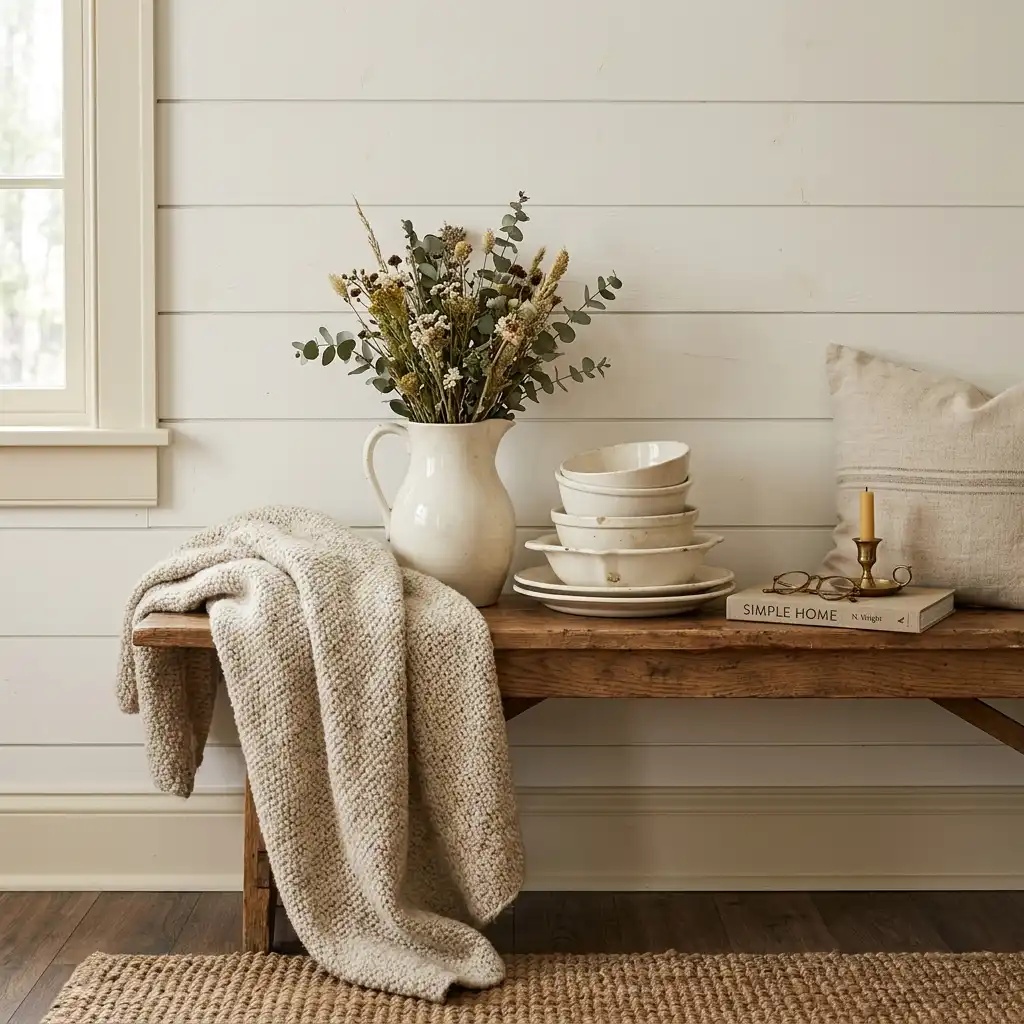 Warm white shiplap wall and painted trim with cream ironstone and an oatmeal throw layered against it