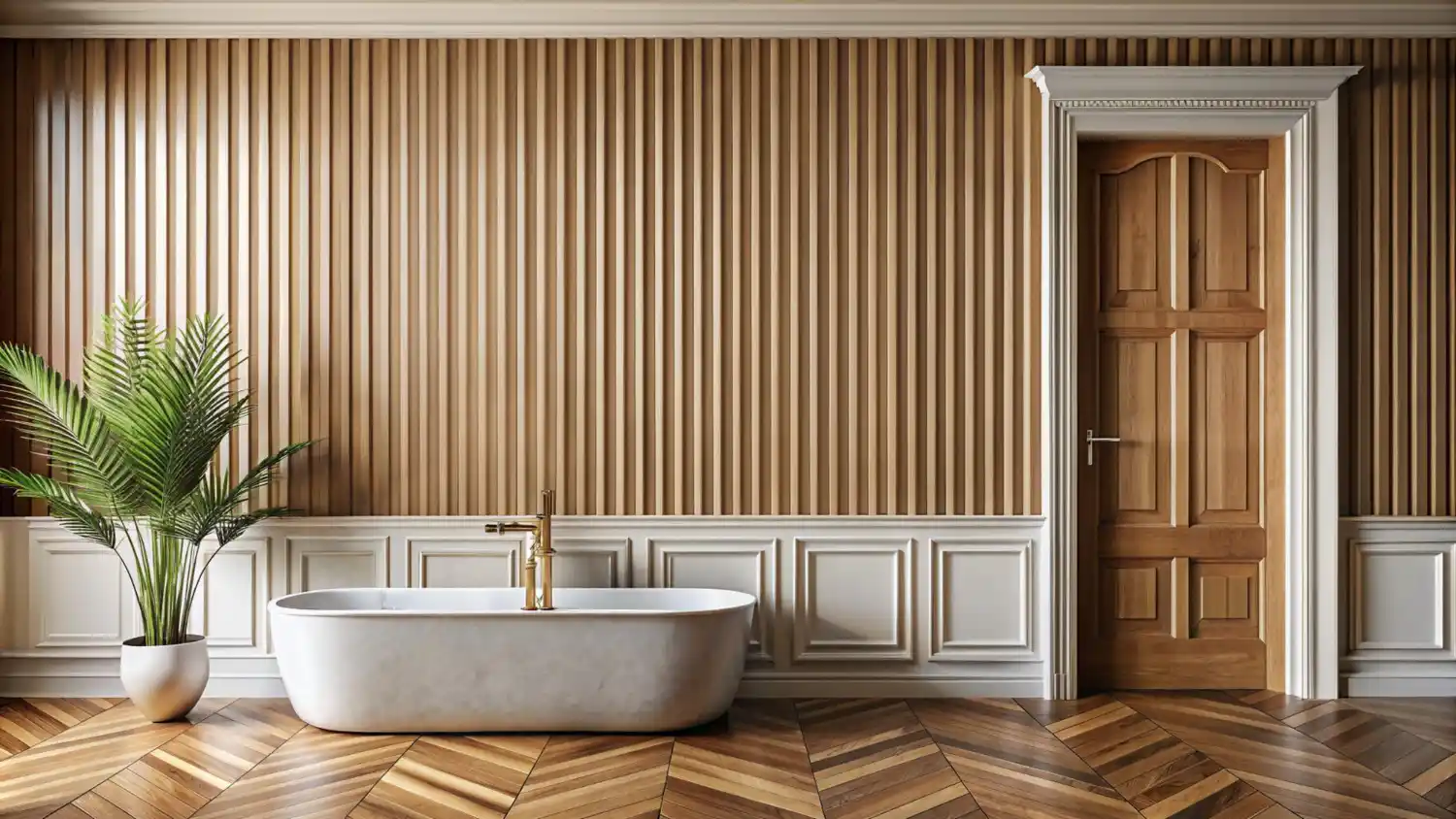 Greige painted paneled wall in a bathroom with warm oak vanity and soft daylight showing the color
