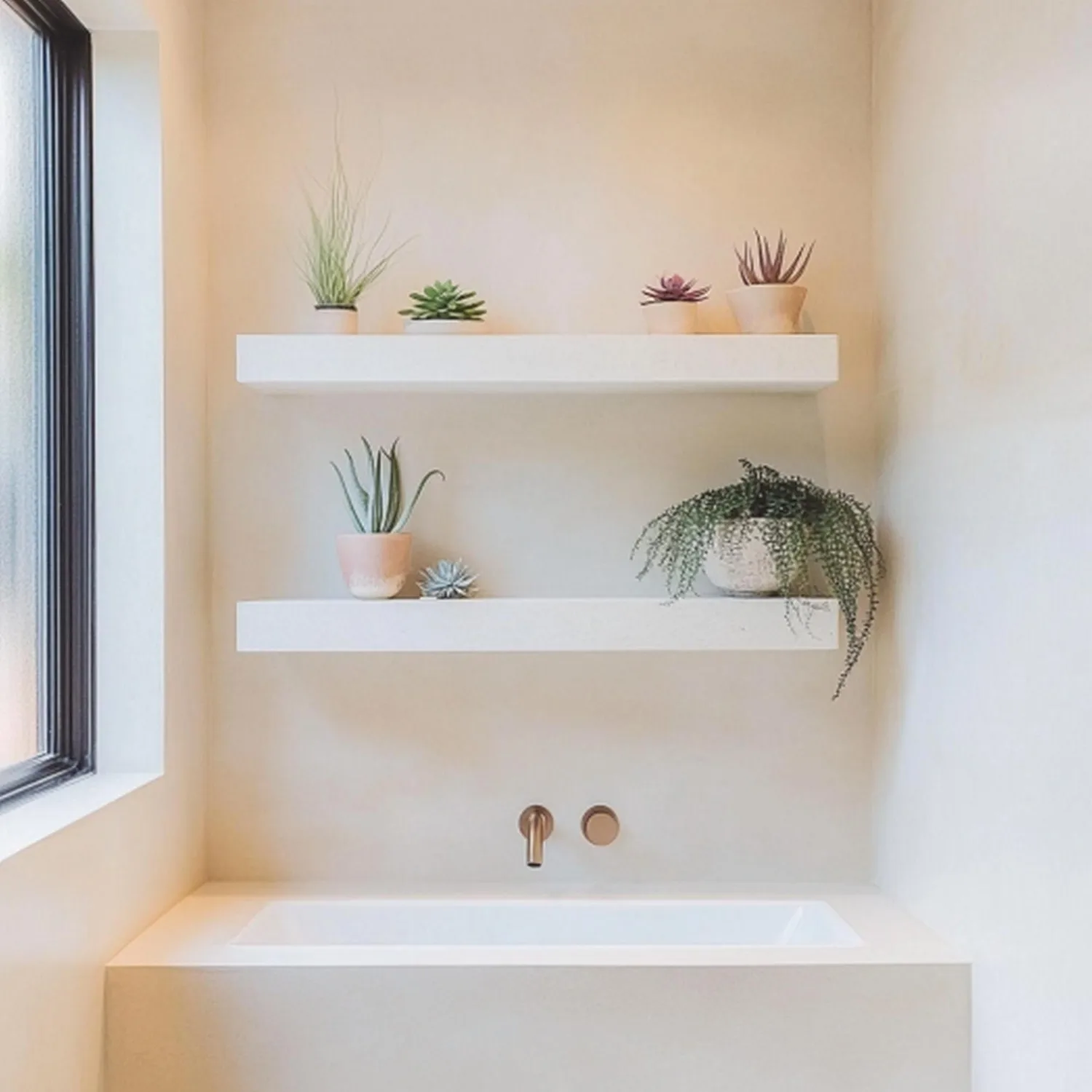 Bathroom painted in a soft warm white with cream undertone and bright natural daylight