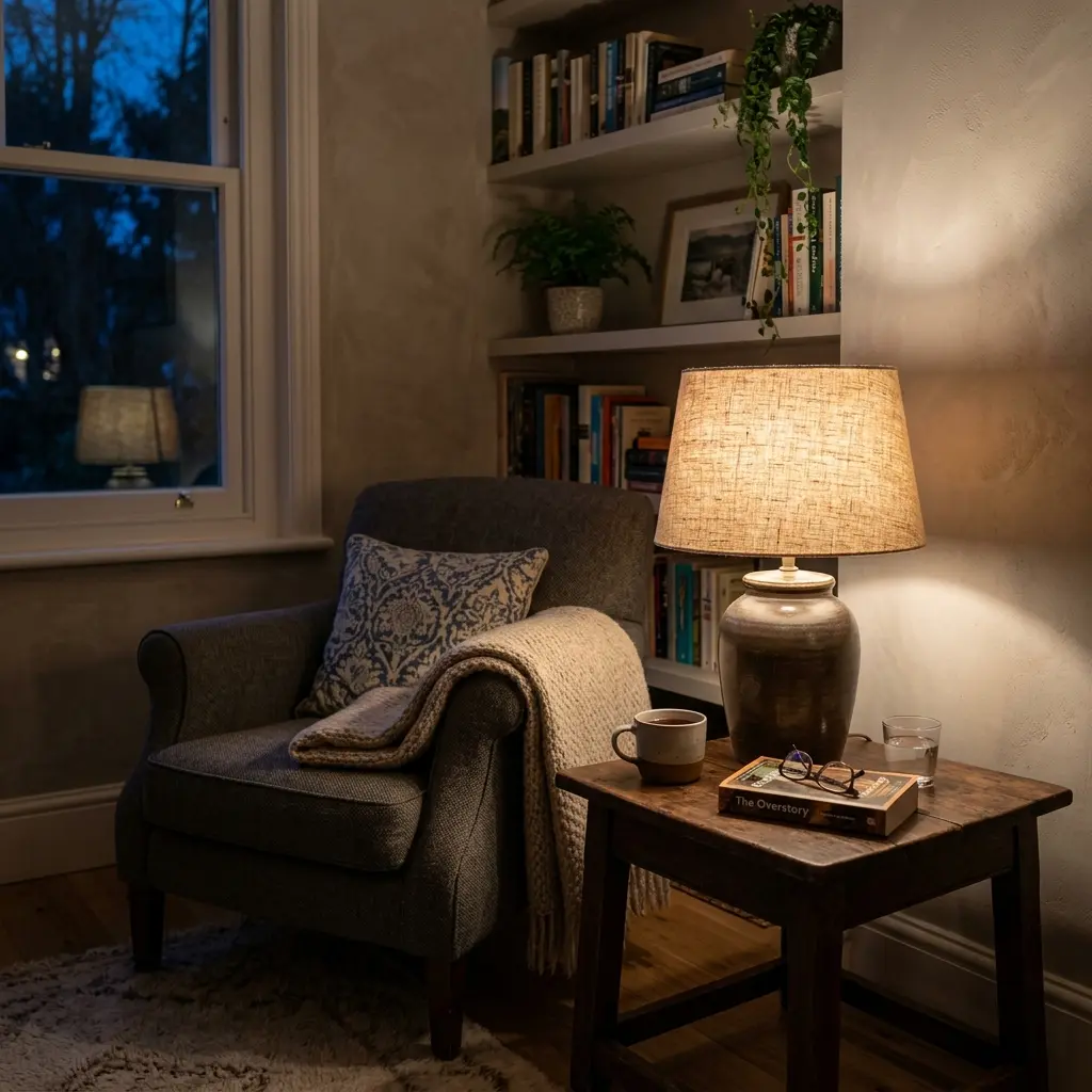 Table lamp with a linen shade lit beside an armchair in the evening with the ceiling light switched off