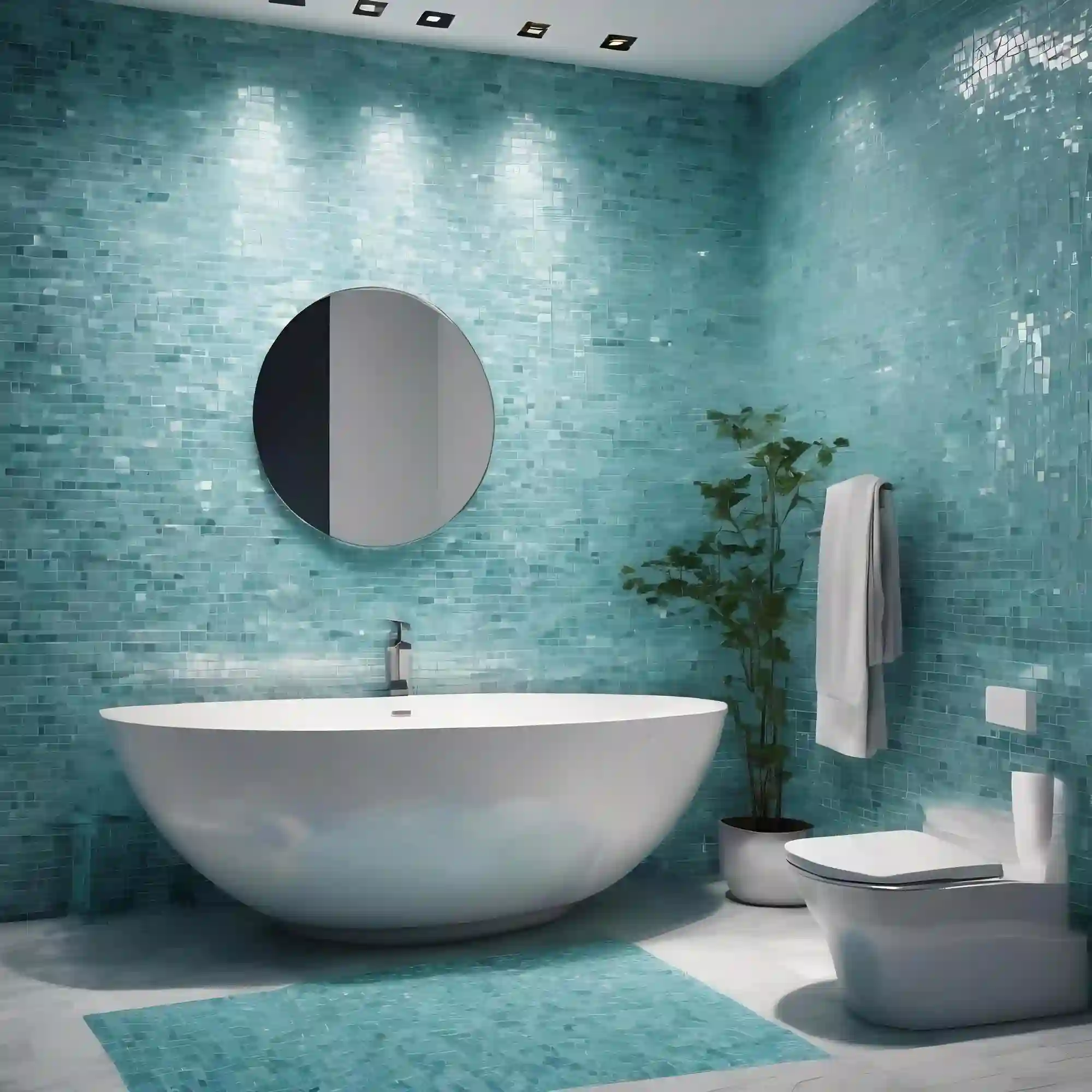 Washed denim-blue bathroom vanity against soft white walls