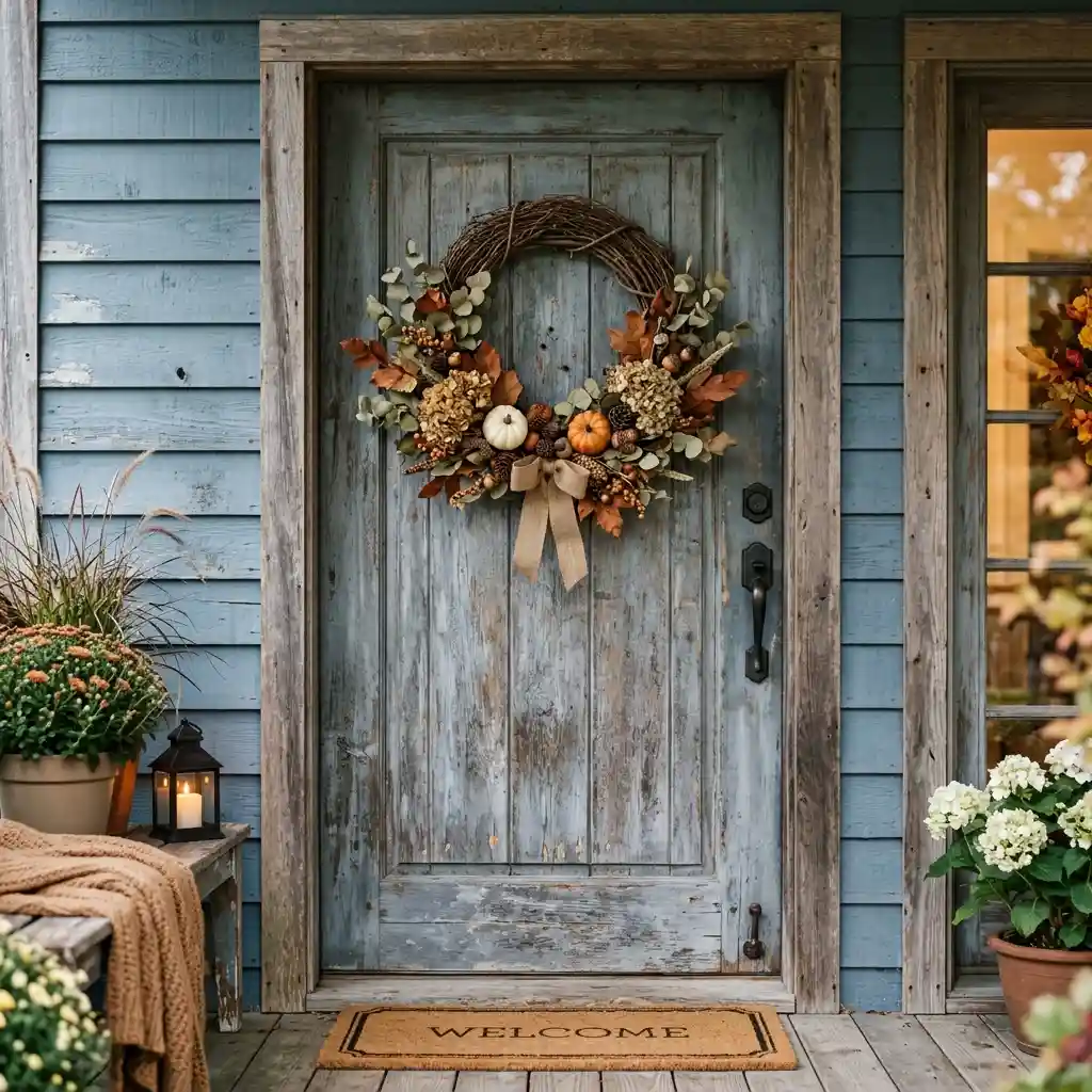 Weathered grey grapevine wreath next to a faded silk leaf wreath after a season outdoors