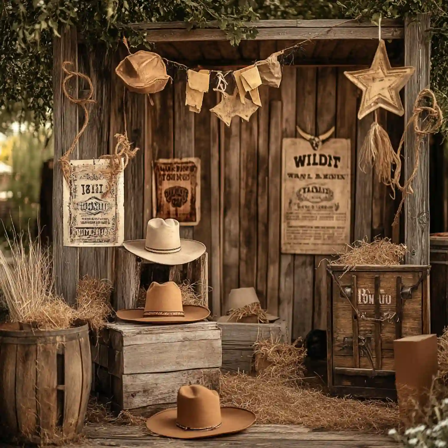 Flat-lay of western man cave materials including barn wood, leather swatch, cowhide, iron hardware, and Edison bulb