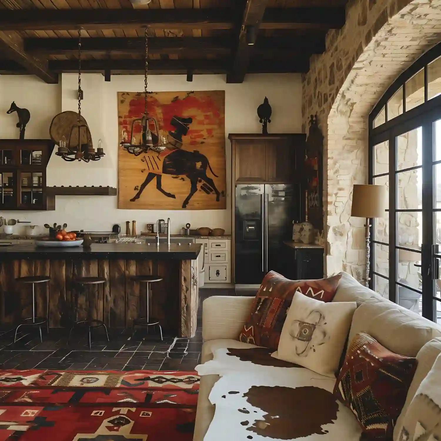 Western man cave ideas shown across leather chairs, stone fireplace, vintage signs, and iron lighting
