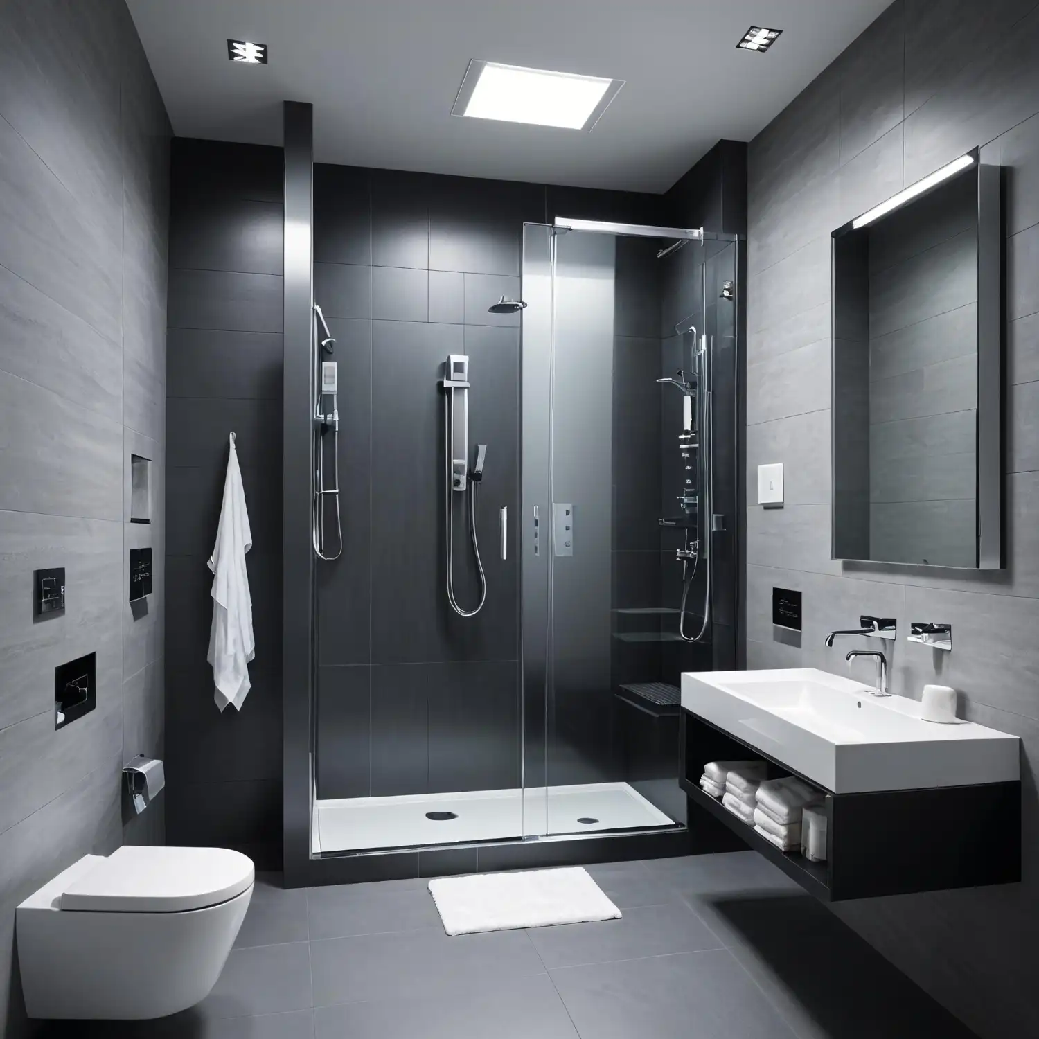 Open wet room bathroom with waterproofed floor, no shower curb, and a single floor drain
