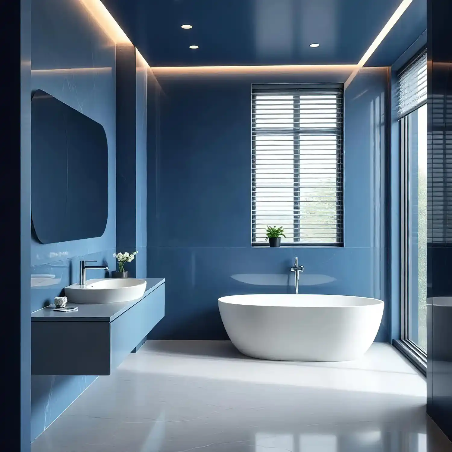 Bathroom blue paint swatches arranged light to dark, from pale powder blue to deep navy