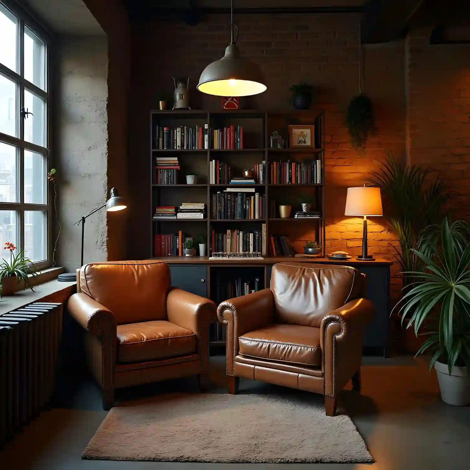 Deep olive reading shed with leather chair, dark walnut bookcase, amber glass lamp, wool rug, and locked drinks cabinet