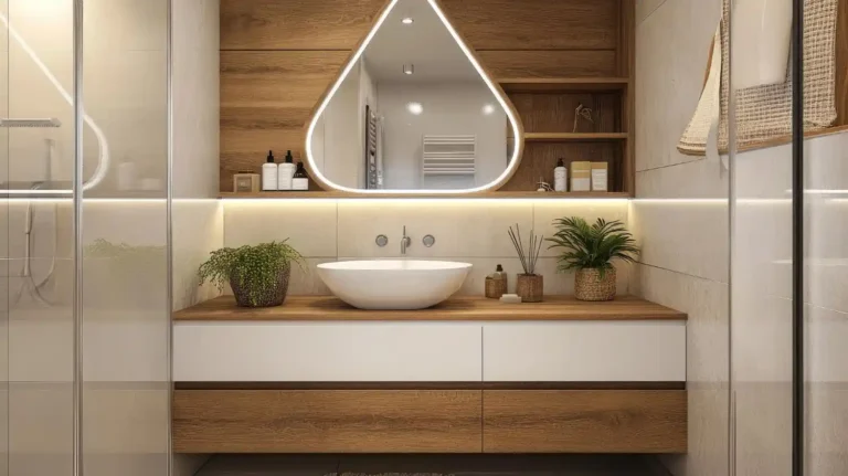Warm white bathroom with an oak and white vanity, an oak counter, a rounded white basin, and a backlit teardrop mirror