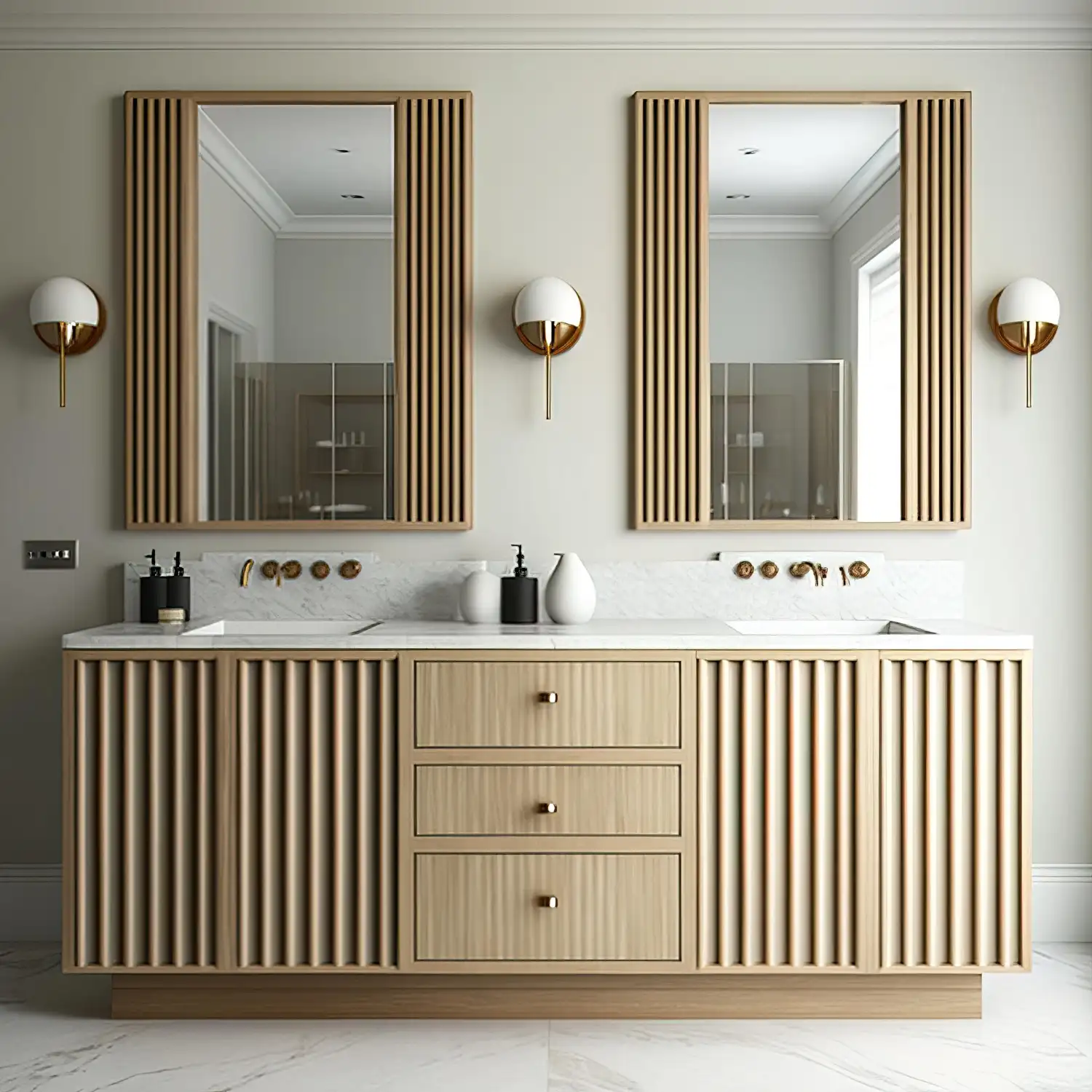 White bathroom with raw oak vanity and teak stool adding honey wood tones to white tile