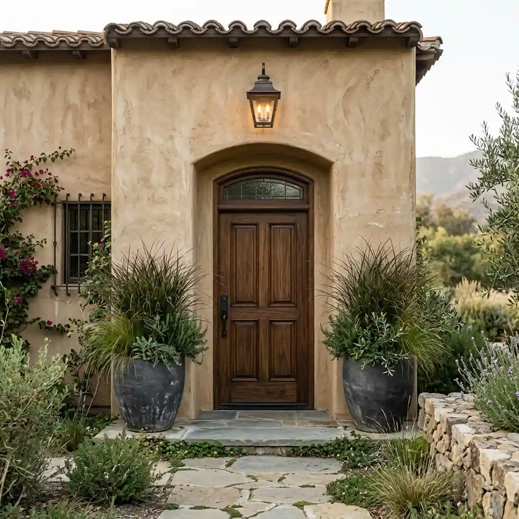 White clapboard porch with black planters, cream pumpkins, olive grasses and a natural jute mat