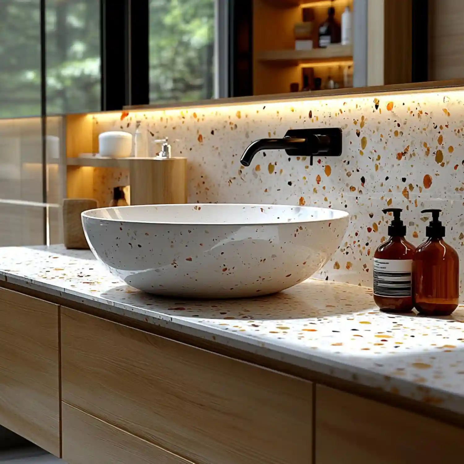 White quartzite bathroom countertop with flowing soft veining on a warm oak vanity