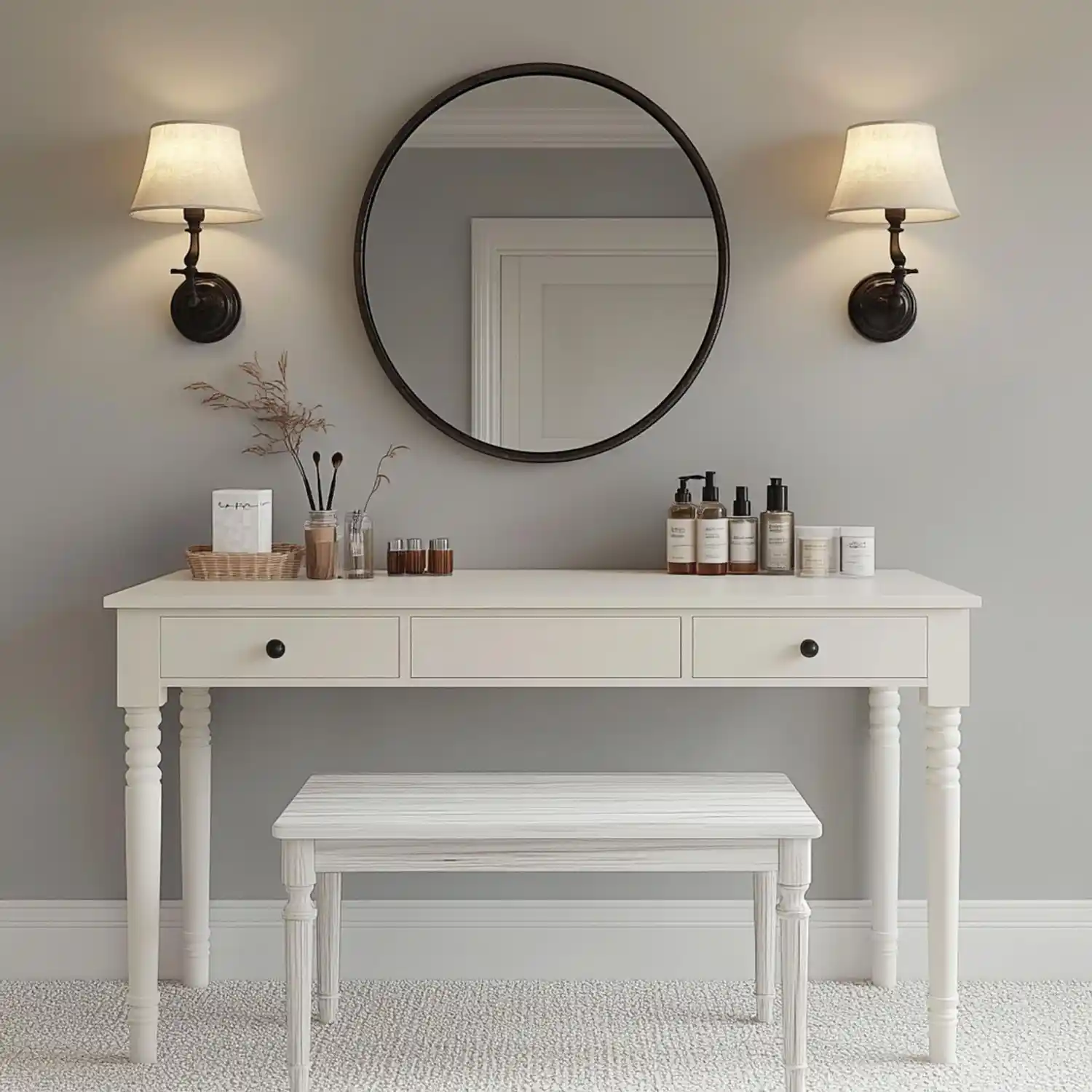 Grandmillennial powder room with blue-and-white patterned walls, pedestal sink, and scalloped mirror