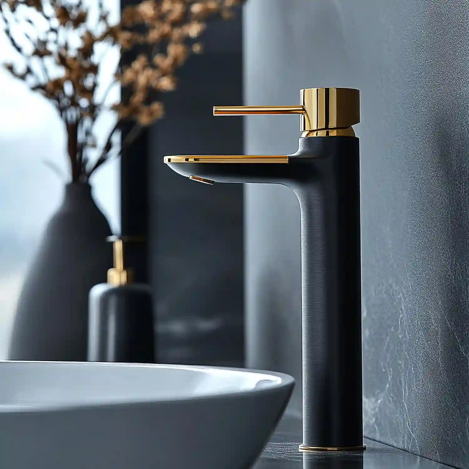 Calm blue bathroom with soft blue walls, white trim, brass mirror, and warm 2700K lighting