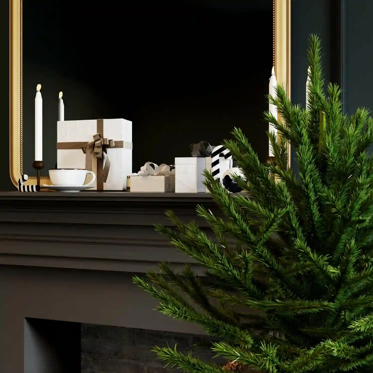 Small powder room styled simply for the holidays with a wreath on the mirror and a candle on the counter