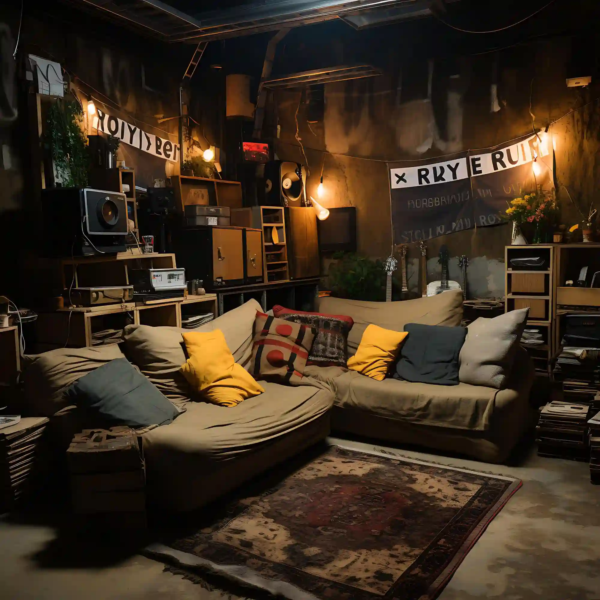 Cozy man cave with reclaimed wood walls, leather seating, plaid throw, and low amber light