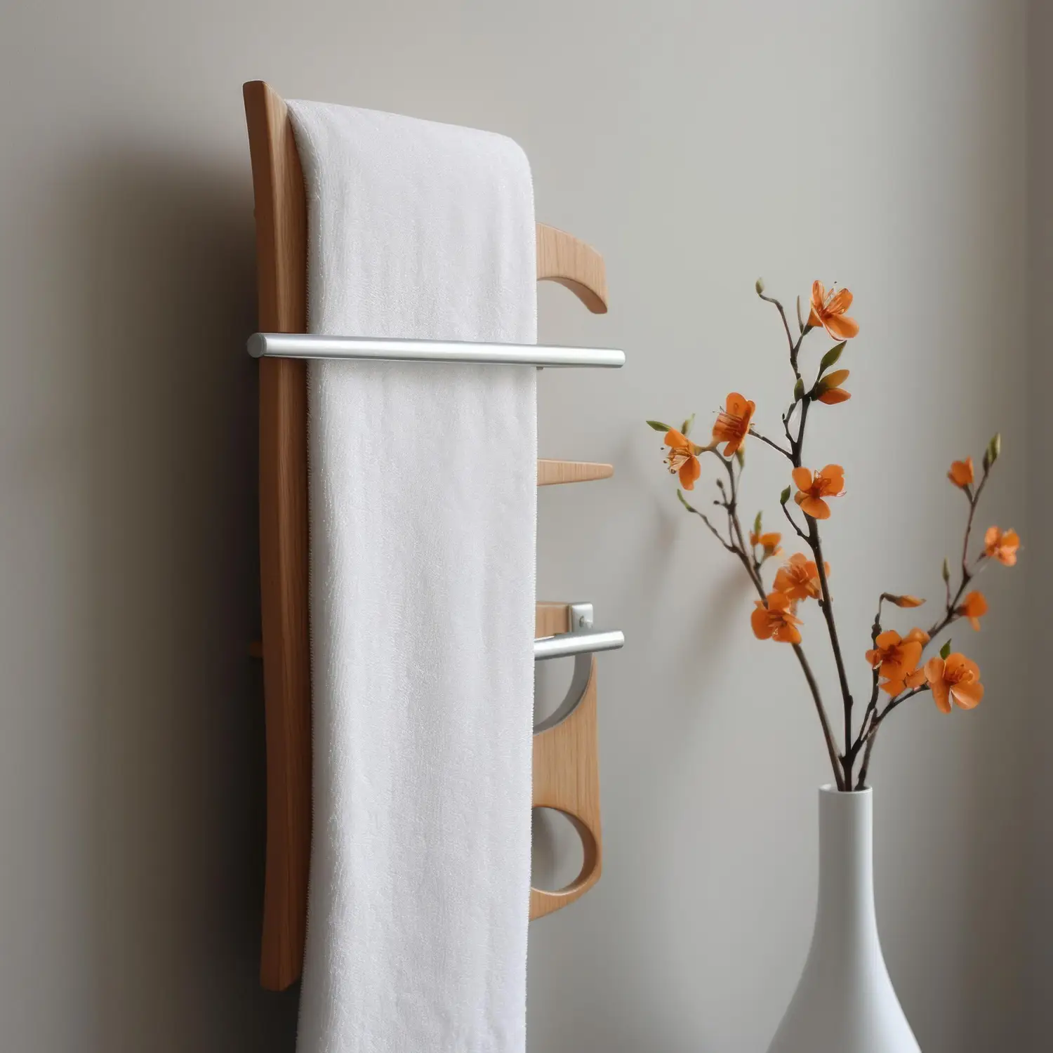 Hotel-style bathroom with an open train rack holding folded white towels above a vanity