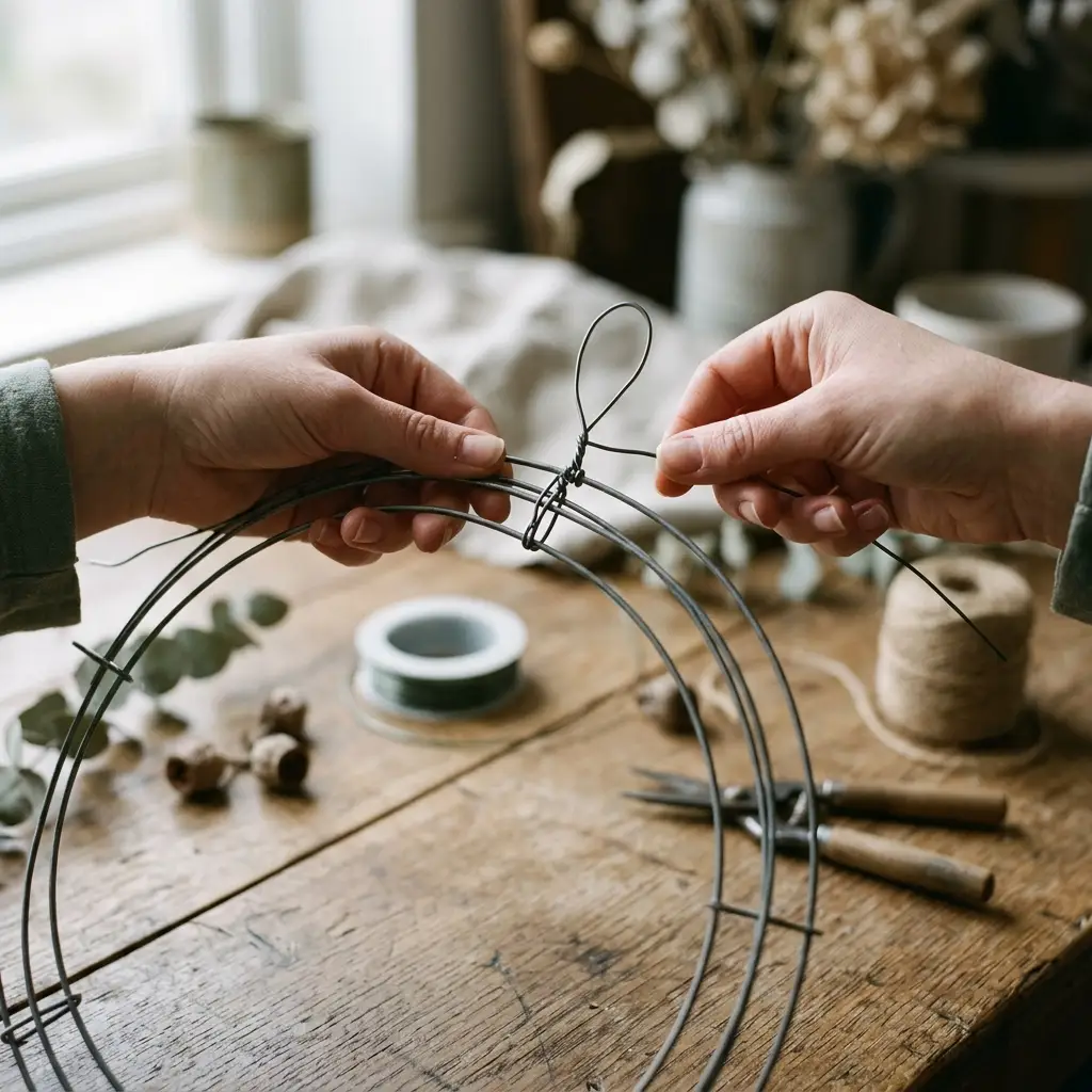 Hands tying a wire hanging loop to the top of an empty wreath frame before building