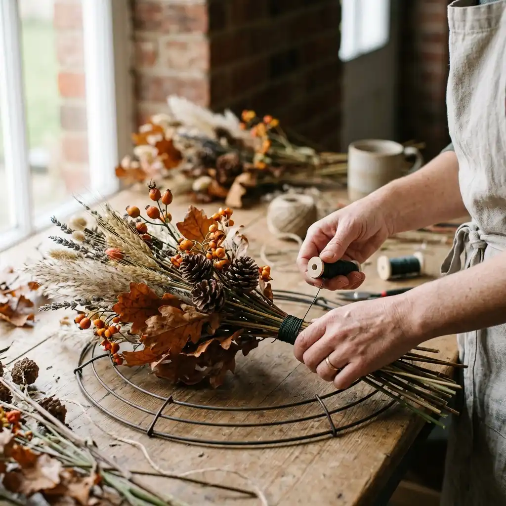 Hands wiring a bundle of dried fall stems onto a wire wreath frame