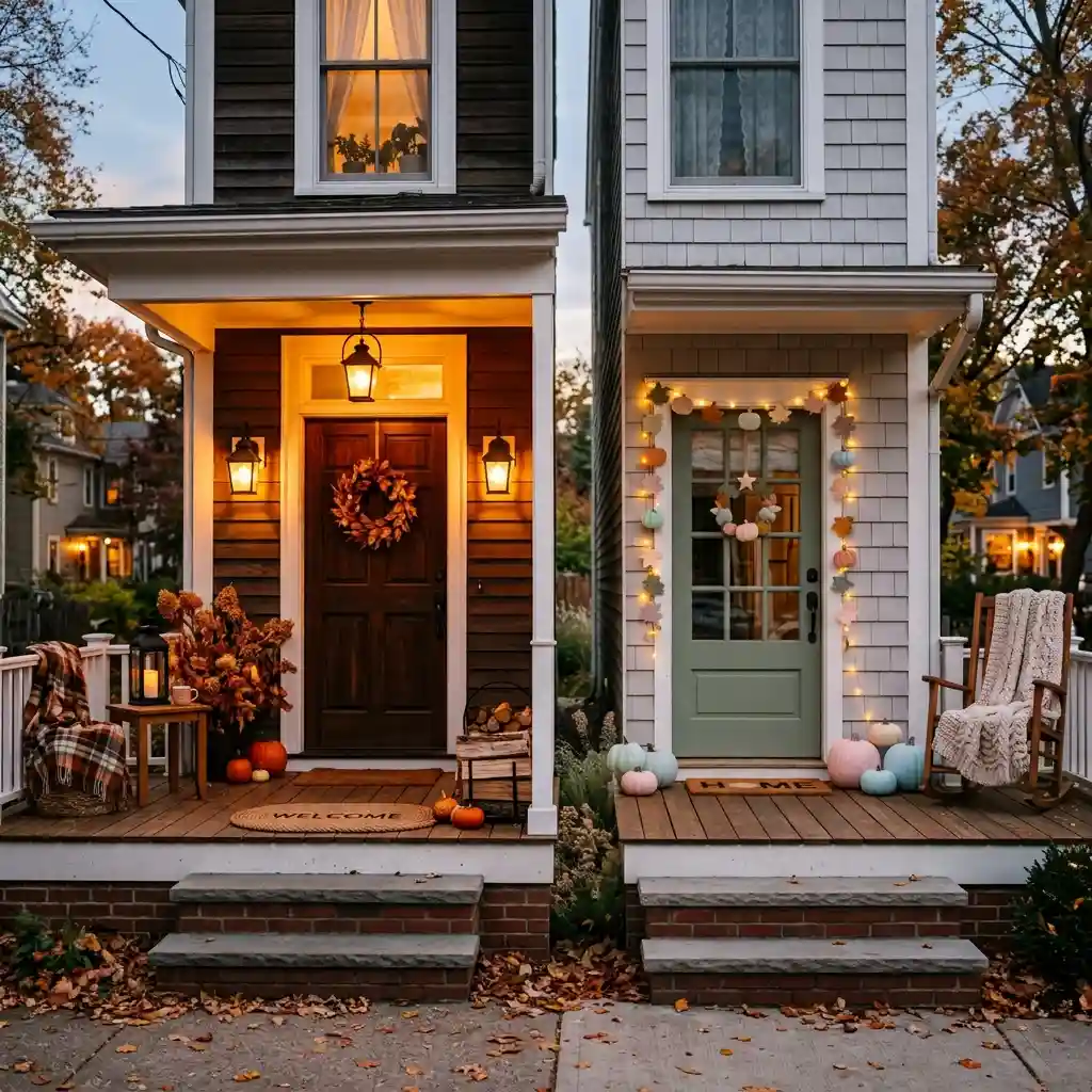 Two neighbouring porches at dusk, one lit amber with a dried autumn wreath and lanterns, the next styled with a pastel garland, string lights and pale blue and pink pumpkins