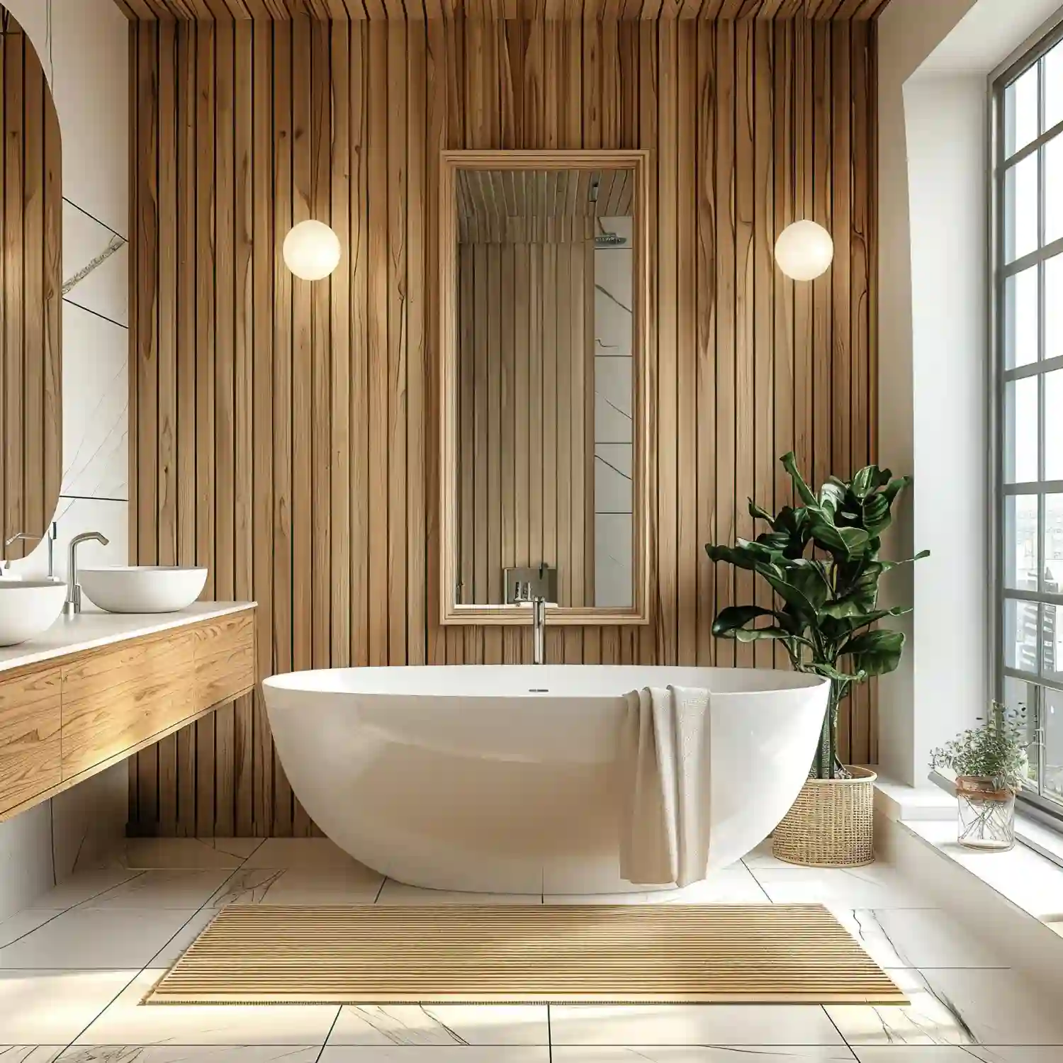 Honey wood-look porcelain plank floor in a bathroom laid in a straight run with a walk-in shower