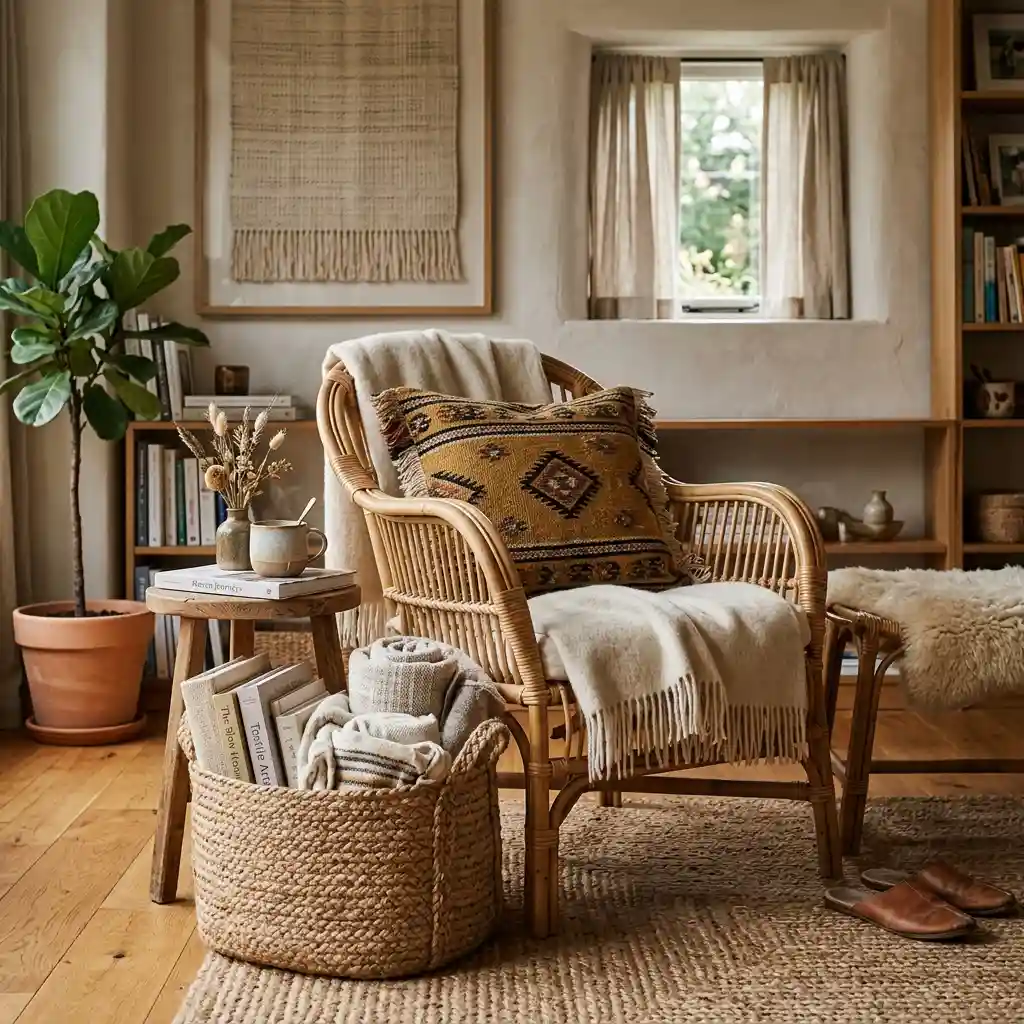 Rattan accent chair with a patterned woven cushion, a jute basket of folded throws and a woven wall hanging in a natural fiber room